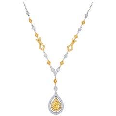 Natural Fancy Yellow Pear Diamond Double Halo Two-Color Gold Pendant Necklace