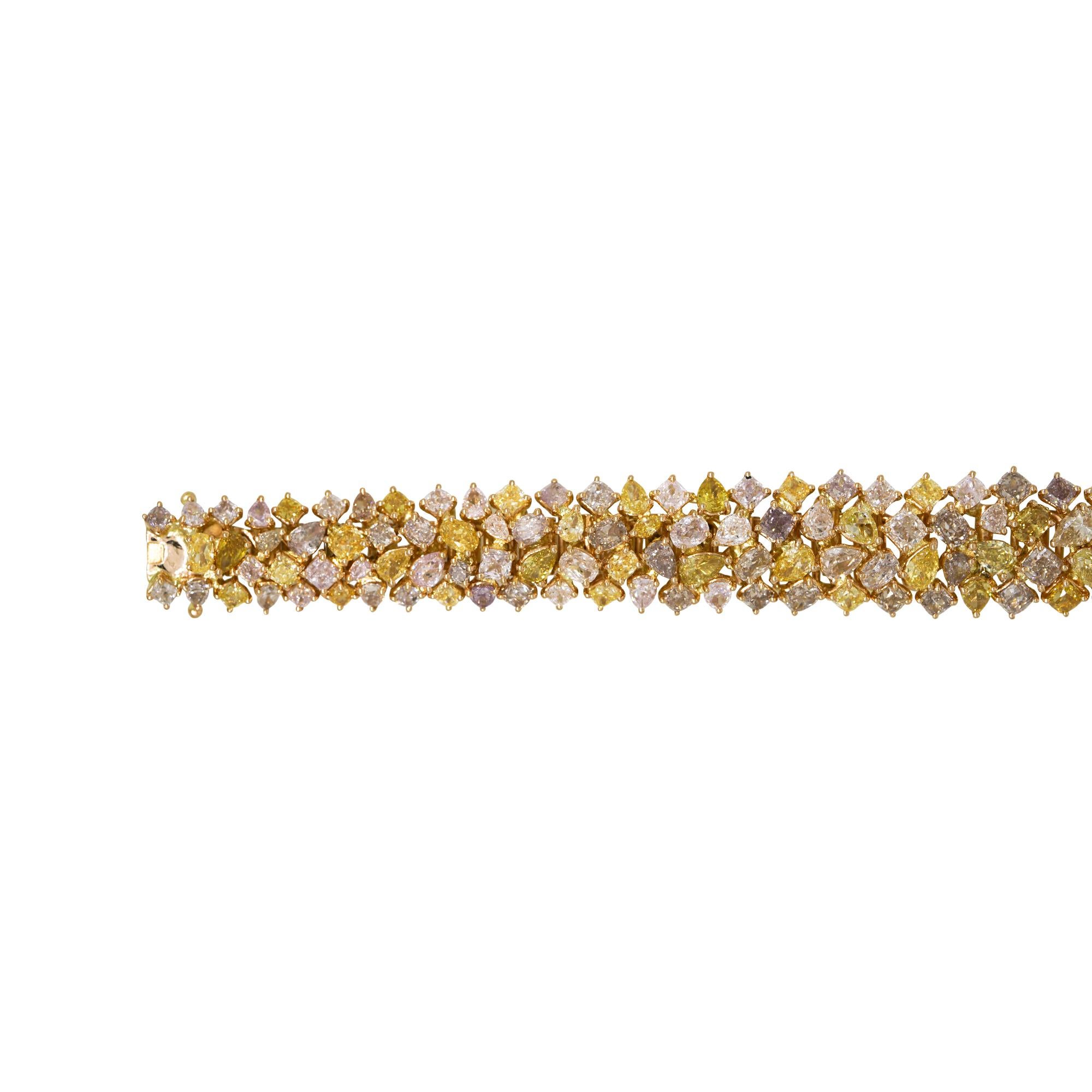 Modern Natural Fancy Yellow, Pink & Orange Diamond 18 Karat Bracelet In Stock For Sale