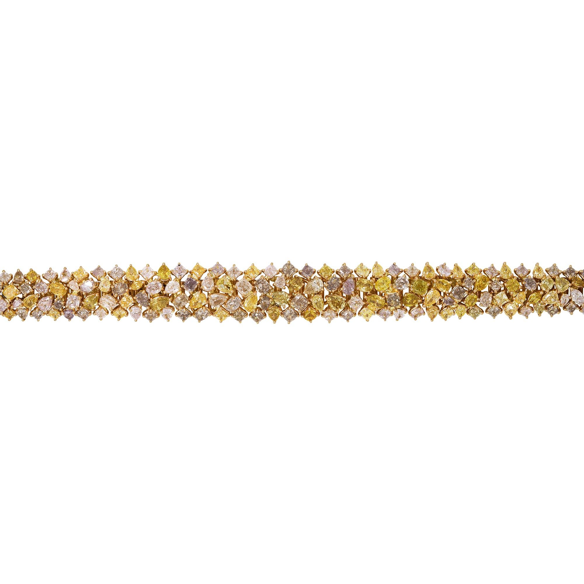 Round Cut Natural Fancy Yellow, Pink & Orange Diamond 18 Karat Bracelet In Stock For Sale
