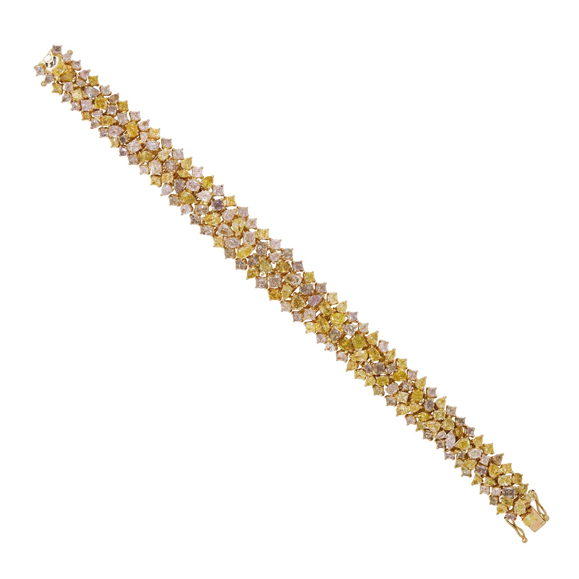 Women's Natural Fancy Yellow, Pink & Orange Diamond 18 Karat Bracelet In Stock For Sale