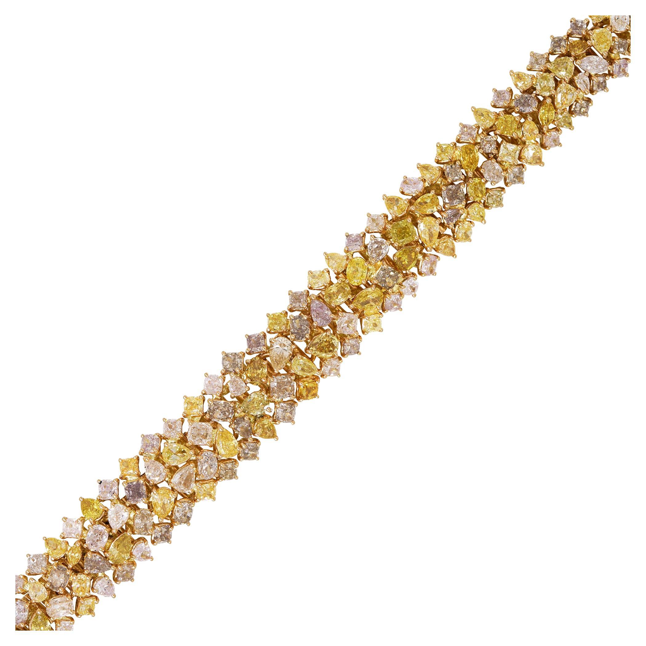 Natural Fancy Yellow, Pink & Orange Diamond 18 Karat Bracelet In Stock