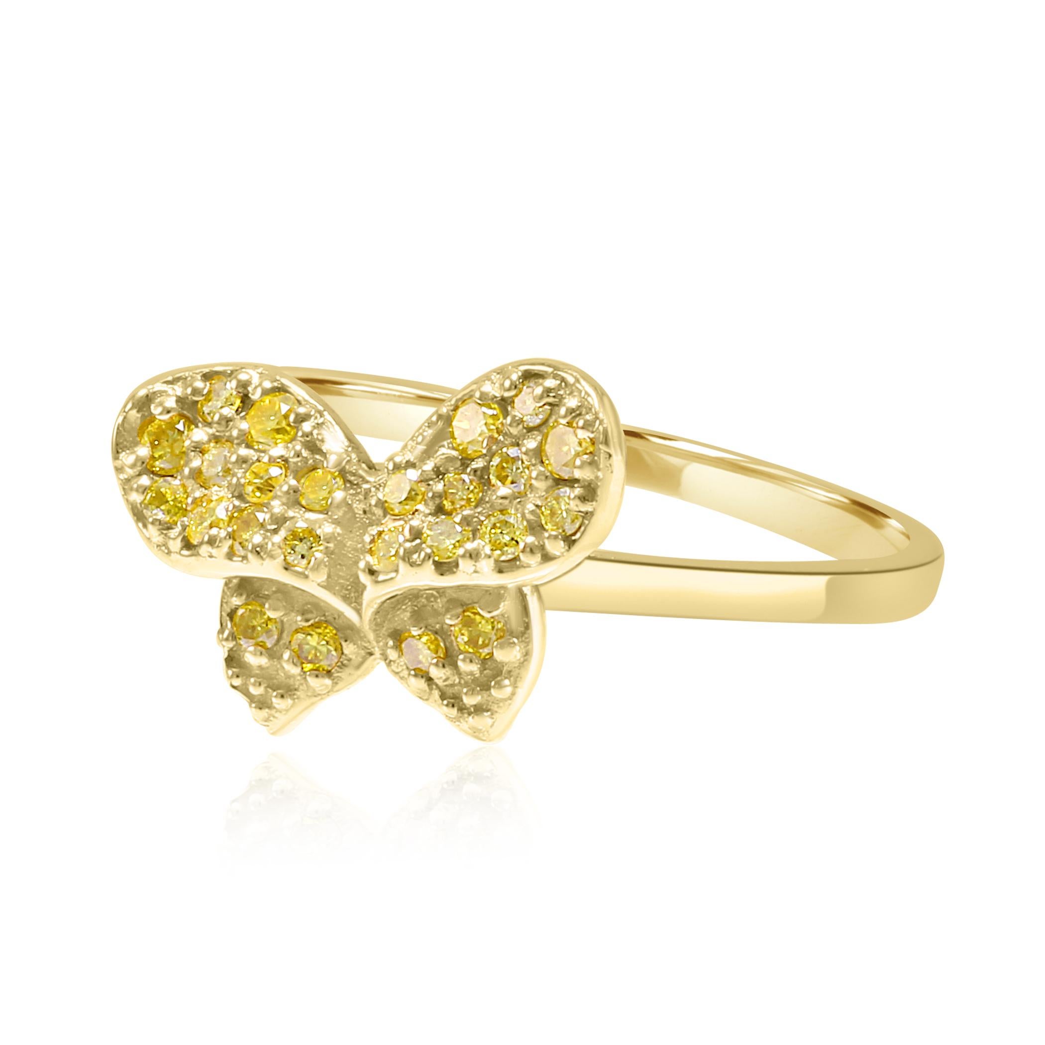 20 Natural Fancy Yellow Diamond Round Si Clarity 0.16 Carat set in 14K Yellow Gold Stackable Fashion Cocktail  Butterfly Ring.

MADE IN USA
Total Diamond Weight 0.16 Carat

Style available in all gold colors and stone colors in different price