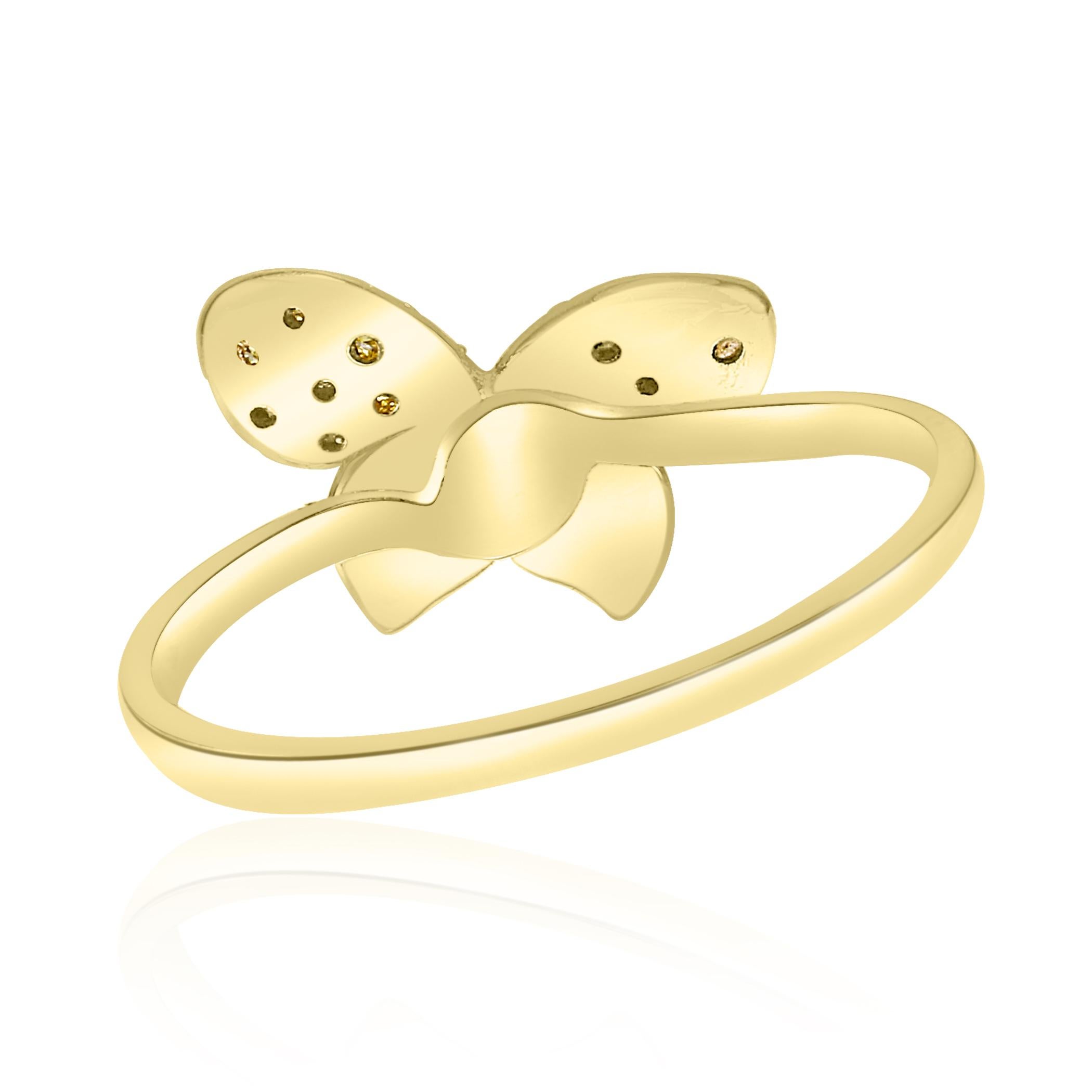 Natural Fancy Yellow Round Diamond 14K Gold Fashion Cocktail Butterfly Ring In New Condition In NEW YORK, NY