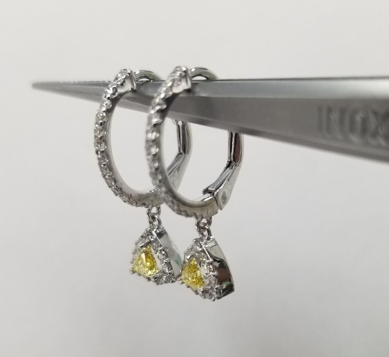Natural Fancy Yellow Trillion Cut Diamond Set in 14k Wg Diamond Halo Huggies Er In New Condition For Sale In Los Angeles, CA