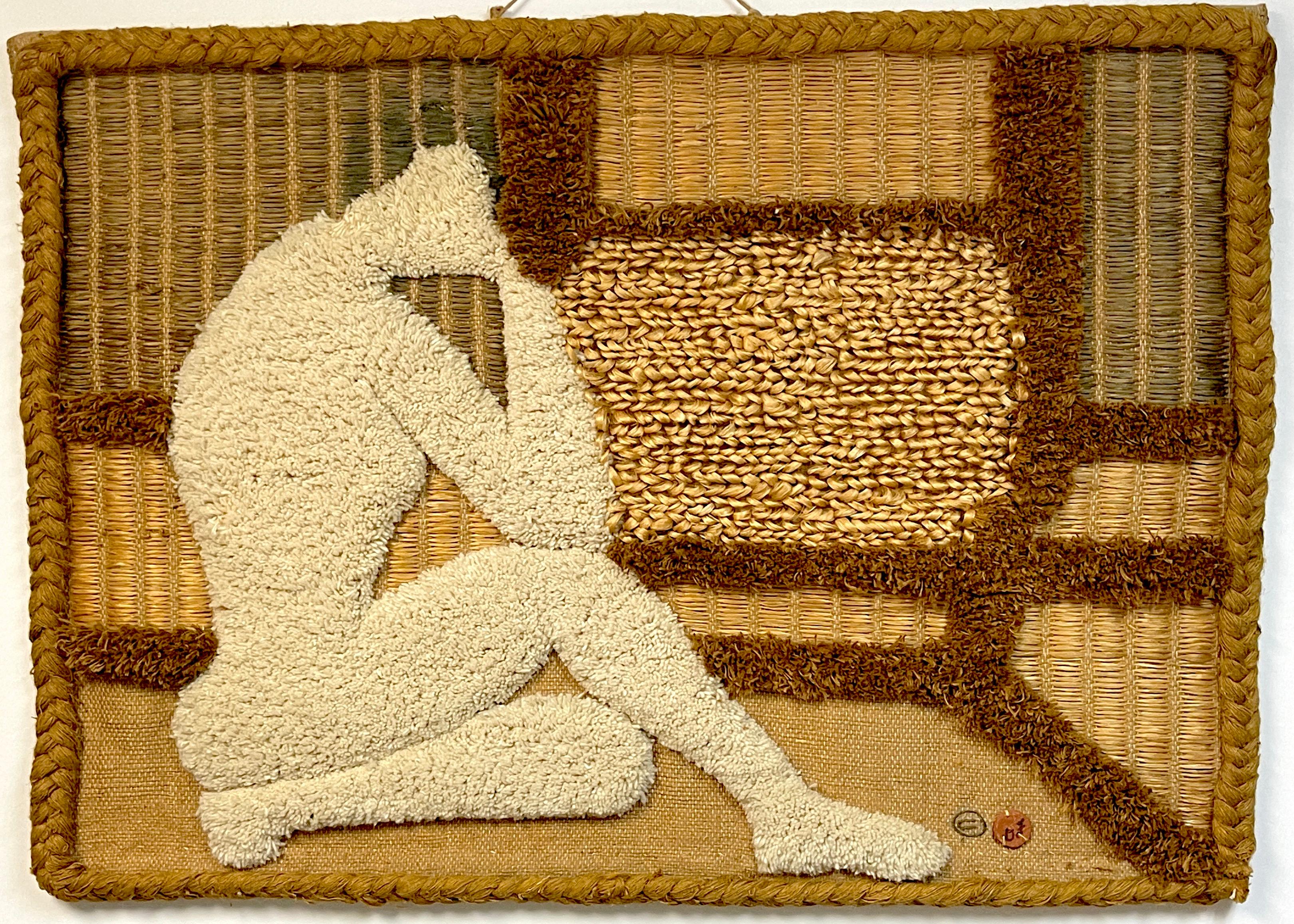Natural fiber art wall tapestry 'Seated Nude' by Don Freedman, 1978
An exceptional large scale work, crafted of hand woven, jute, wool and cotton with a wooden hanging rod. A reflective seated naked figure in abstract interior, signed lower right