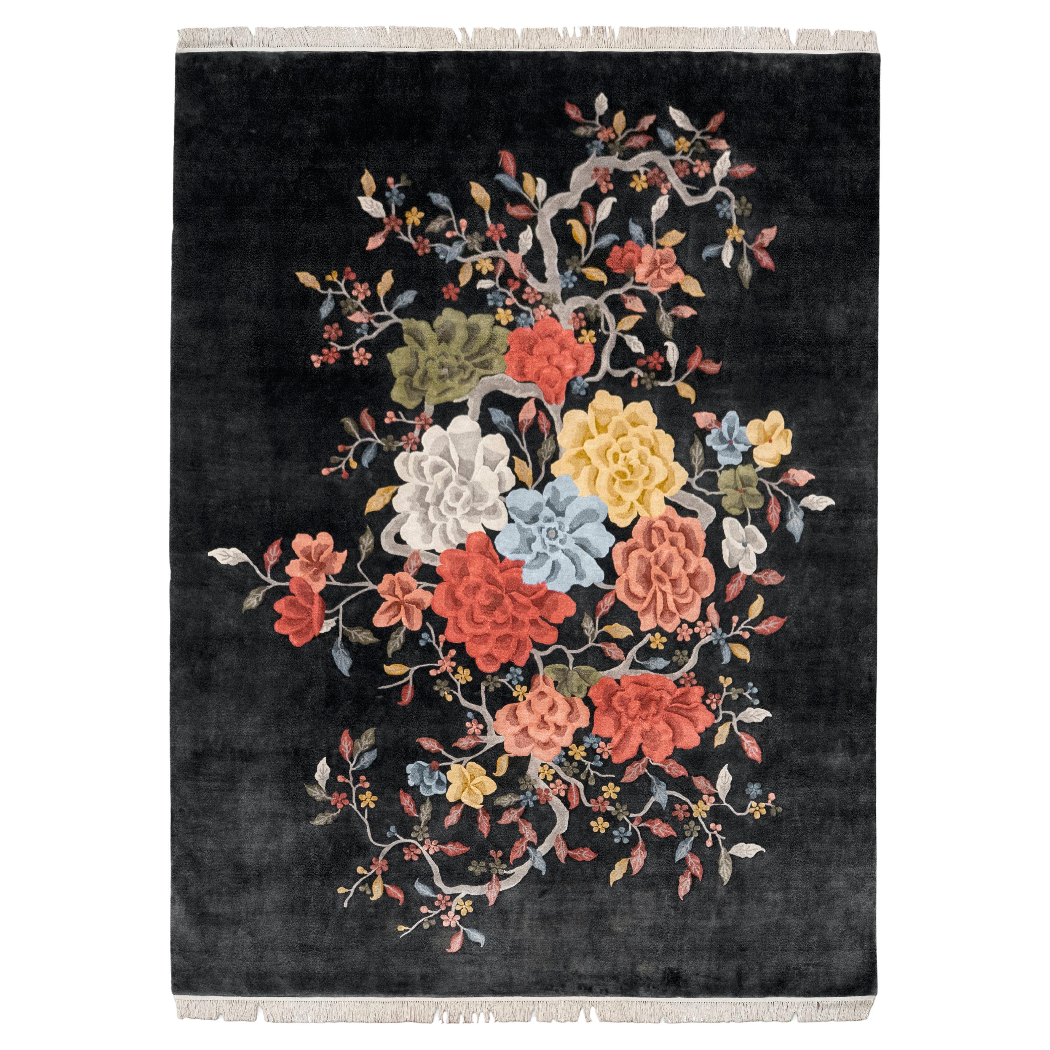Natural Fiber Carpet, Chinese Floral Black Background Hand Knotted Indian Rug  For Sale