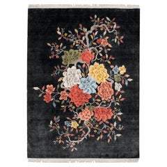 Natural Fiber Carpet, Chinese Floral Black Background Hand Knotted Indian Rug 