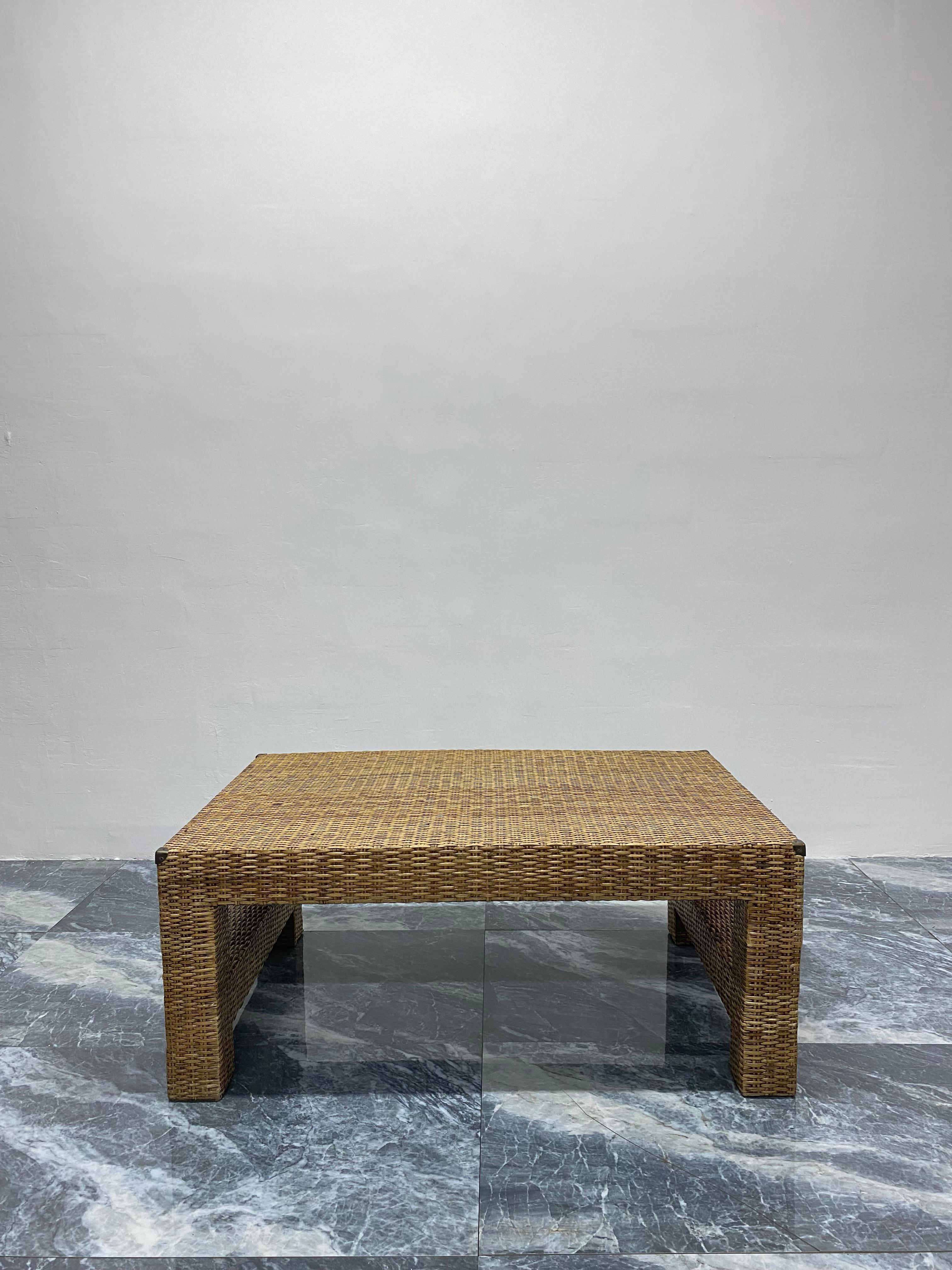 Natural Fiber Woven Rattan Coffee Table with Antique Brass Corners For Sale 4