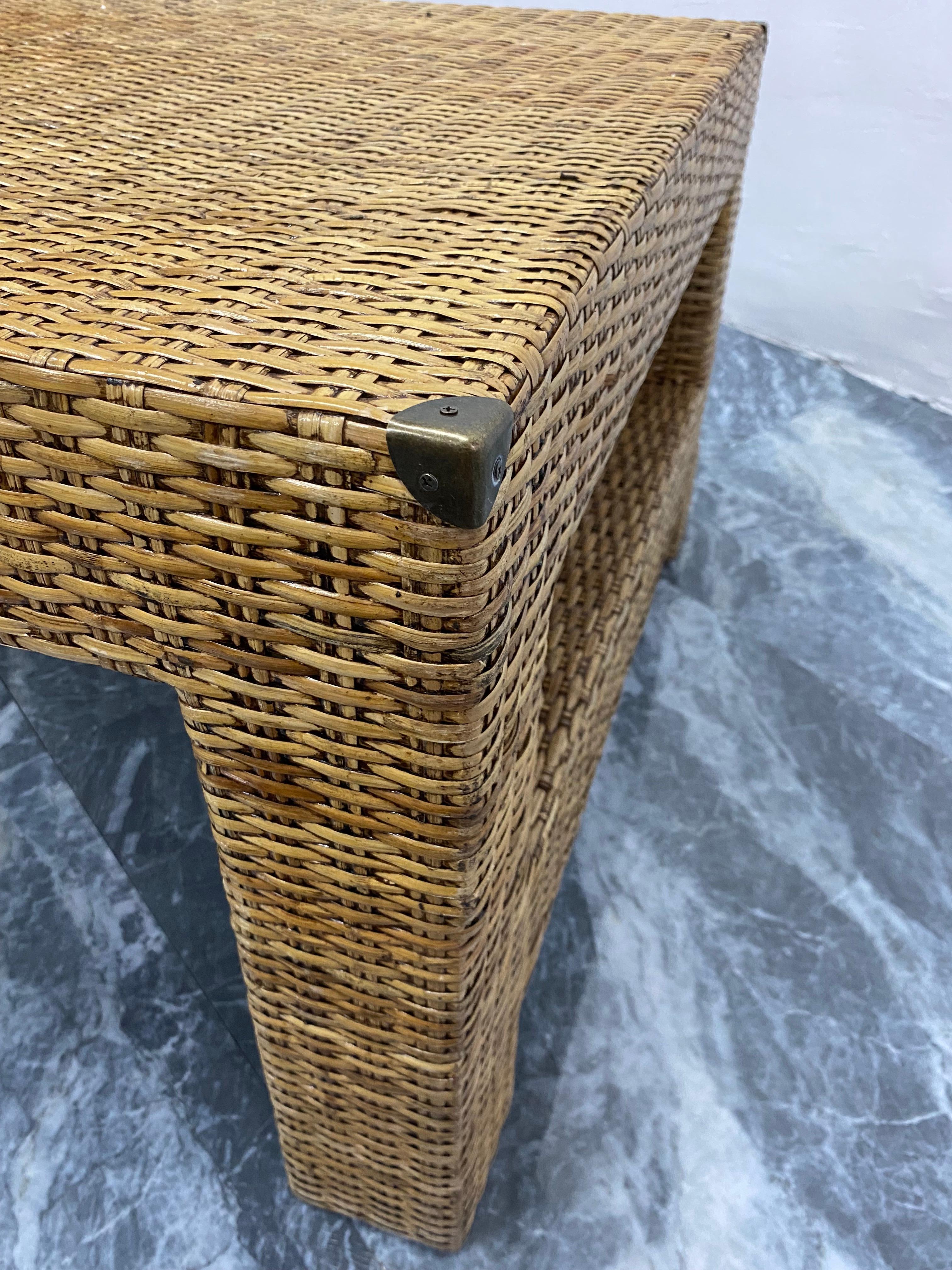 Natural Fiber Woven Rattan Coffee Table with Antique Brass Corners For Sale 5