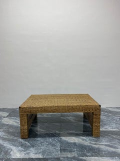 Natural Fiber Woven Rattan Coffee Table with Antique Brass Corners