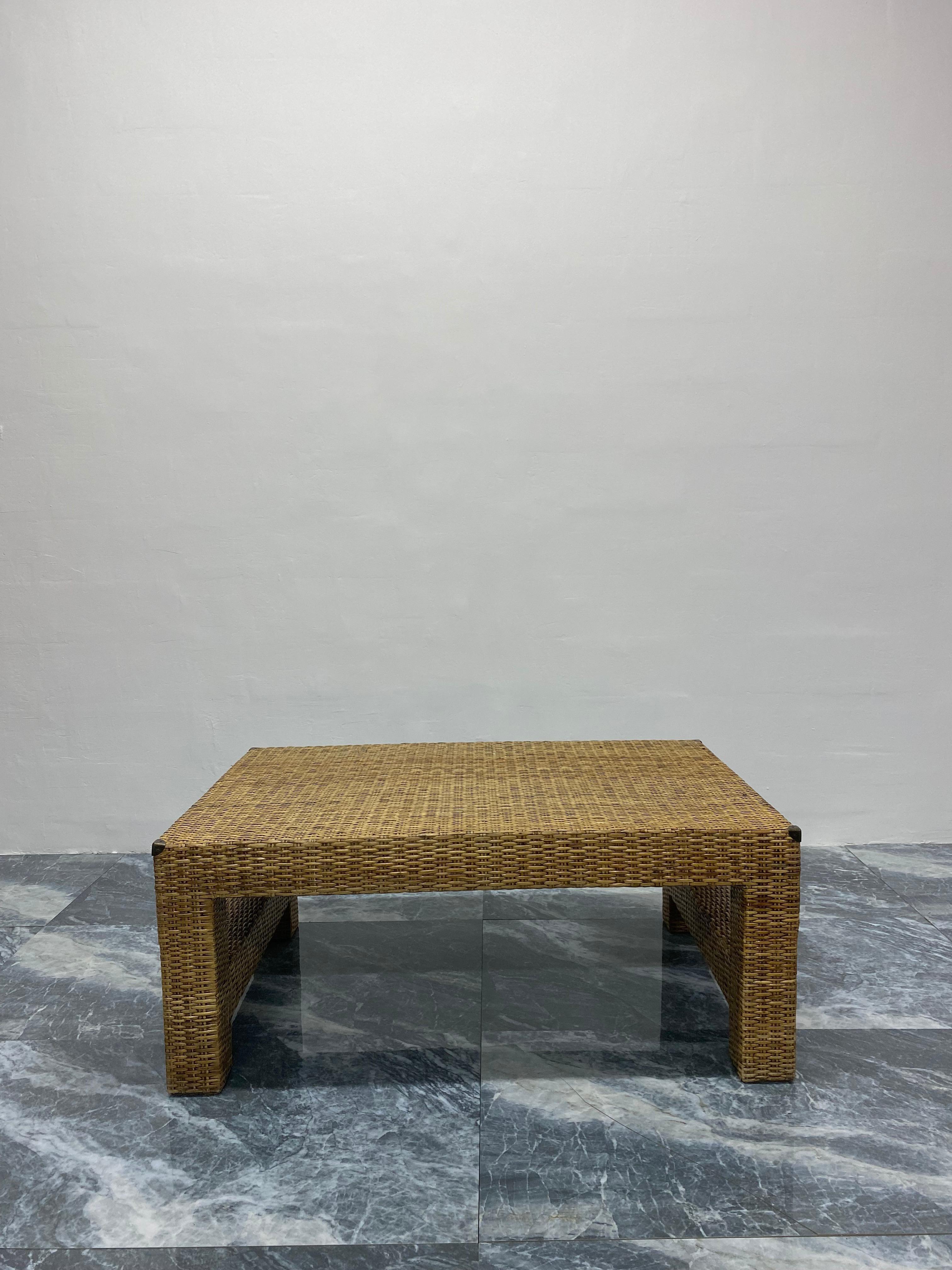 Mid-Century Modern Natural Fiber Woven Rattan Coffee Table with Antique Brass Corners For Sale