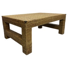 Natural Fiber Woven Rattan Coffee Table with Vintage Brass Corners