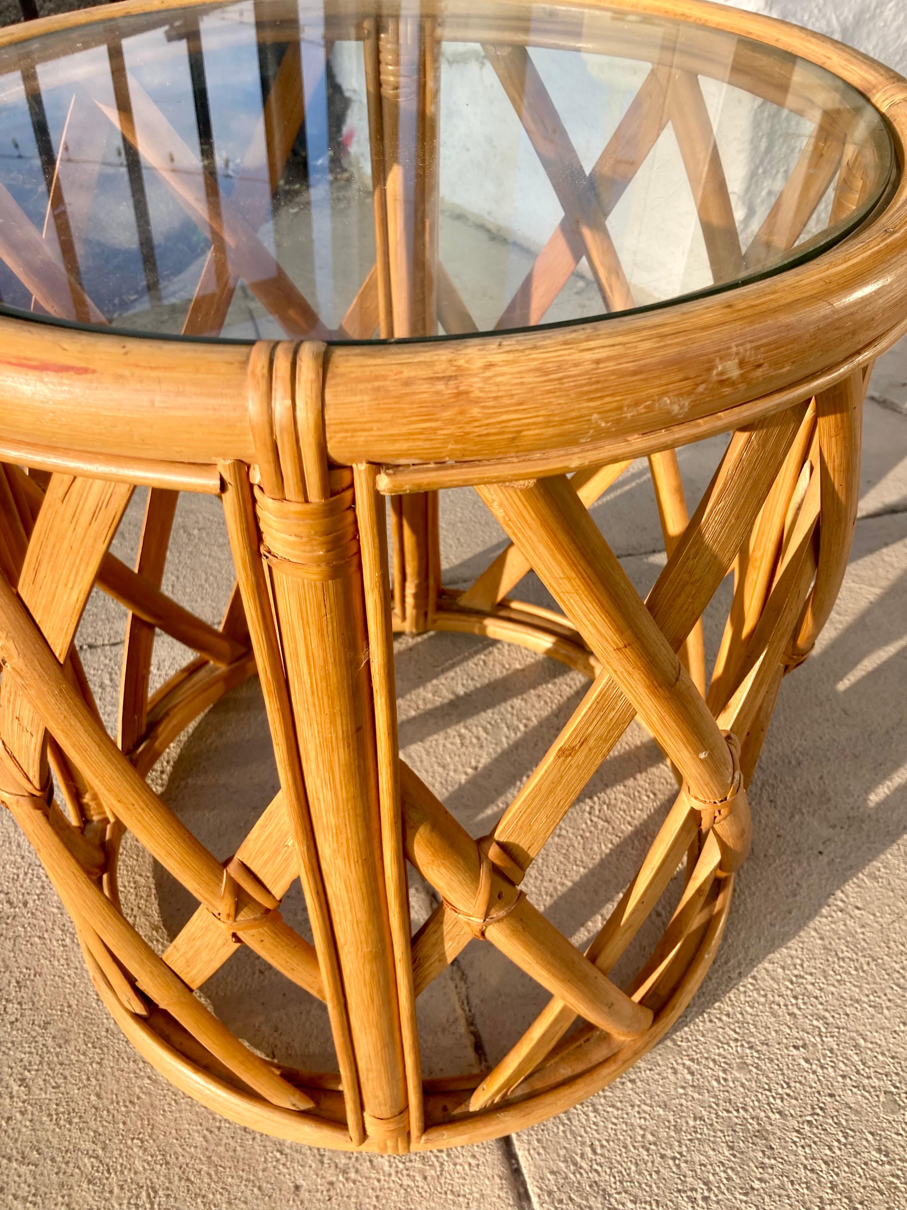 Natural Ficks Reed Rattan Drum Table in Lattice Pattern For Sale 4
