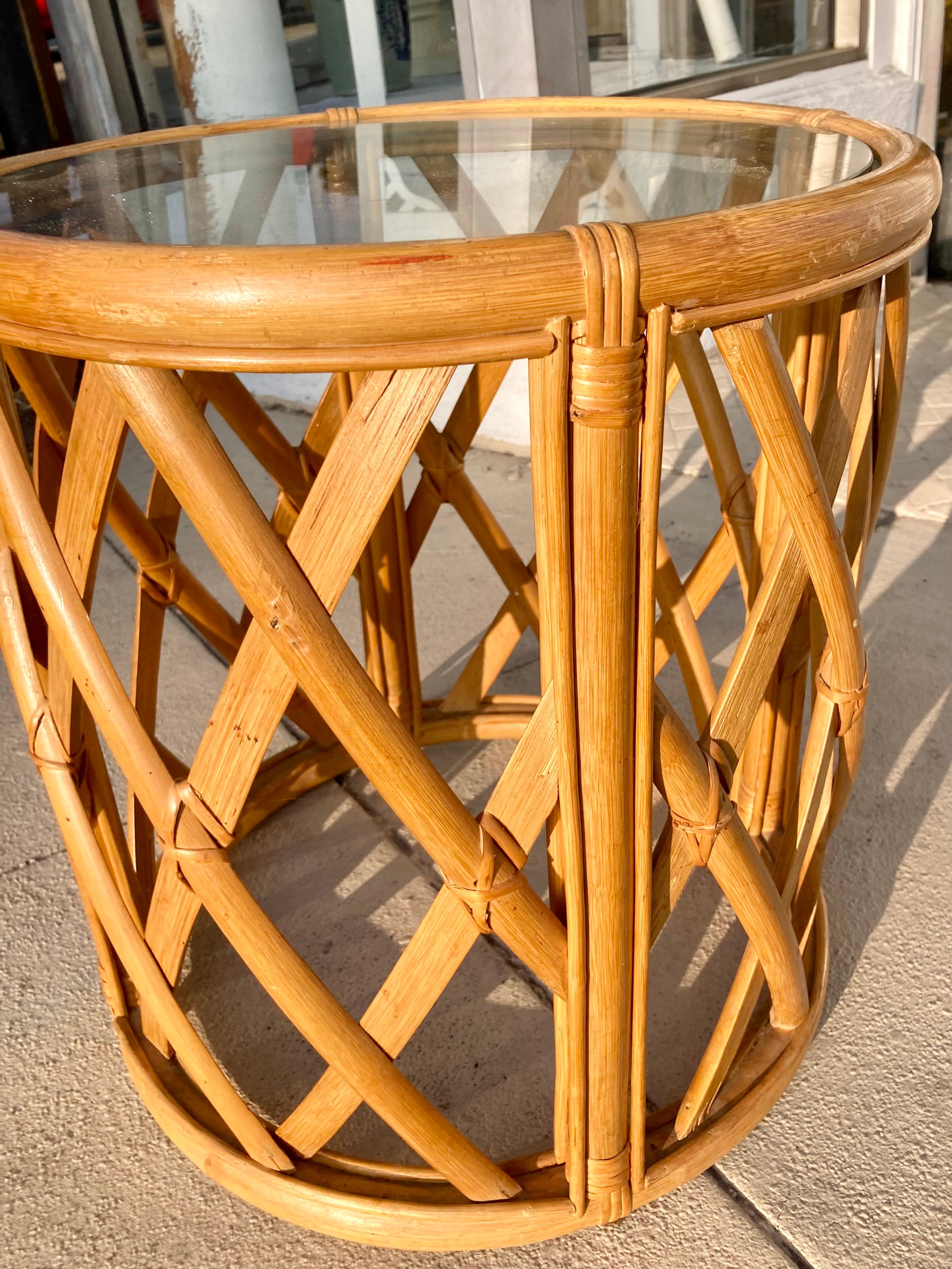 Natural Ficks Reed Rattan Drum Table in Lattice Pattern For Sale 5