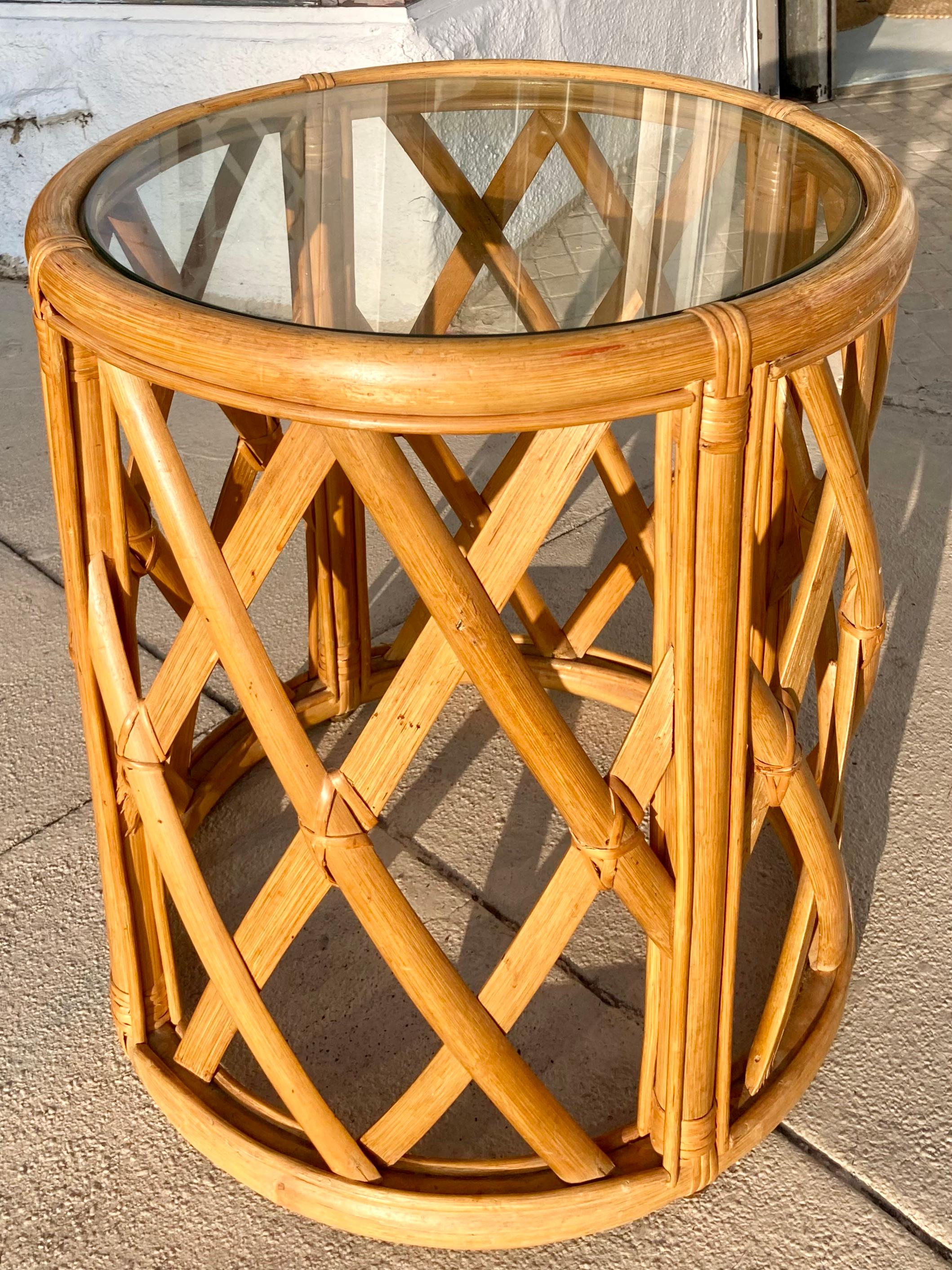 Natural rattan Ficks Reed cocktail table in lattice pattern. Very rare in natural finish. Beautiful lattice pattern. Add some Boho Chic style to your home.