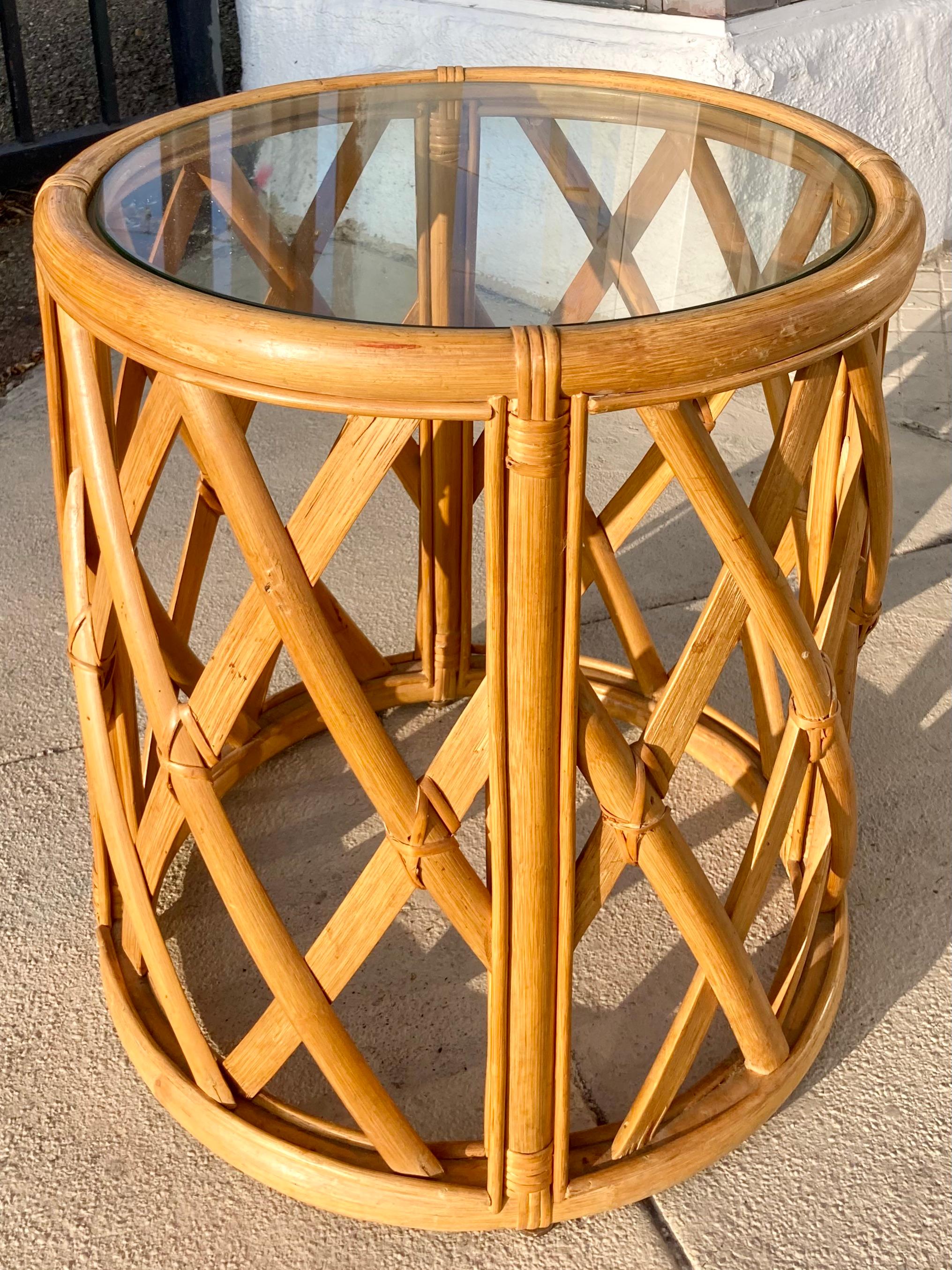 Modern Natural Ficks Reed Rattan Drum Table in Lattice Pattern For Sale