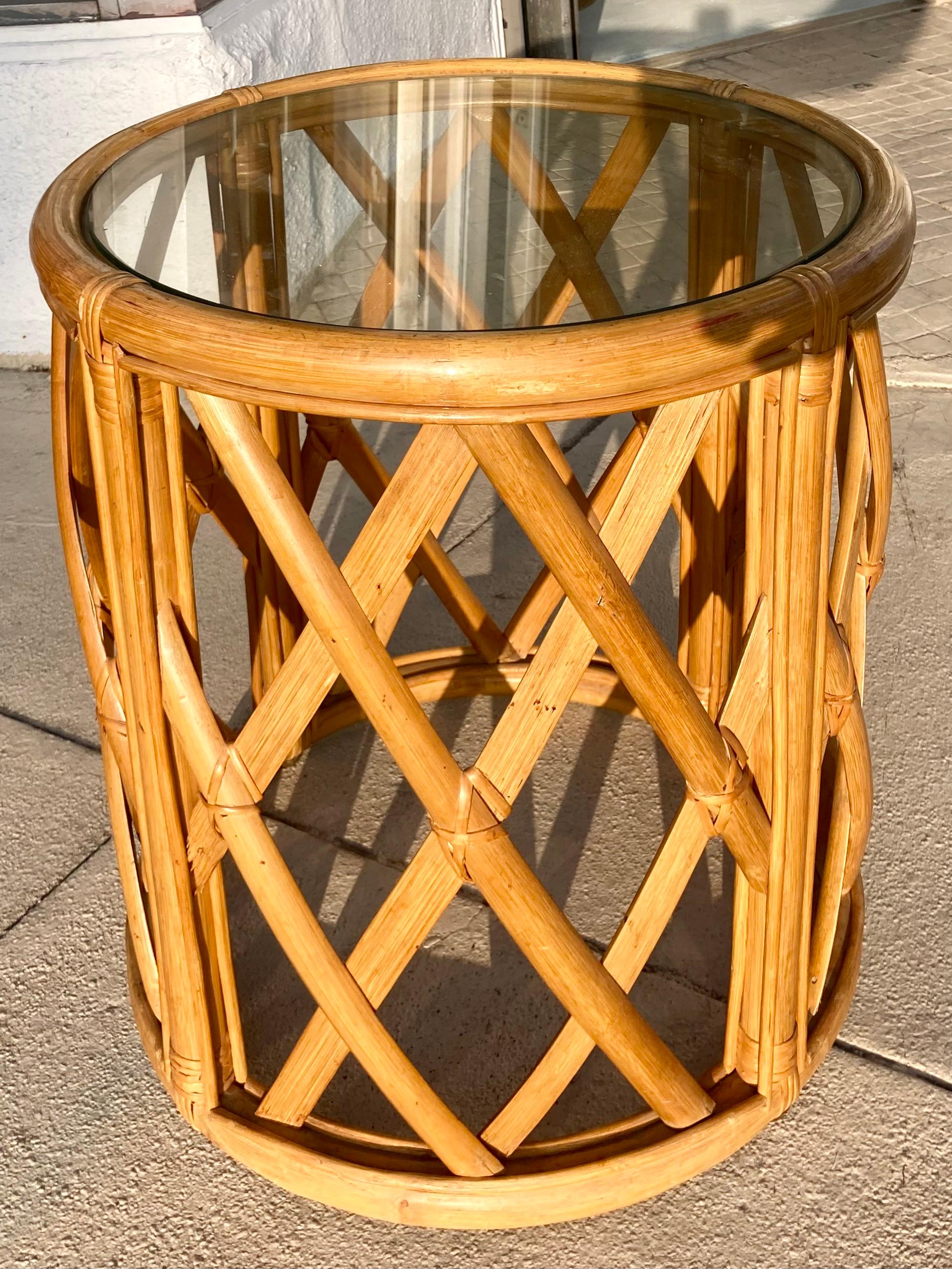 American Natural Ficks Reed Rattan Drum Table in Lattice Pattern For Sale