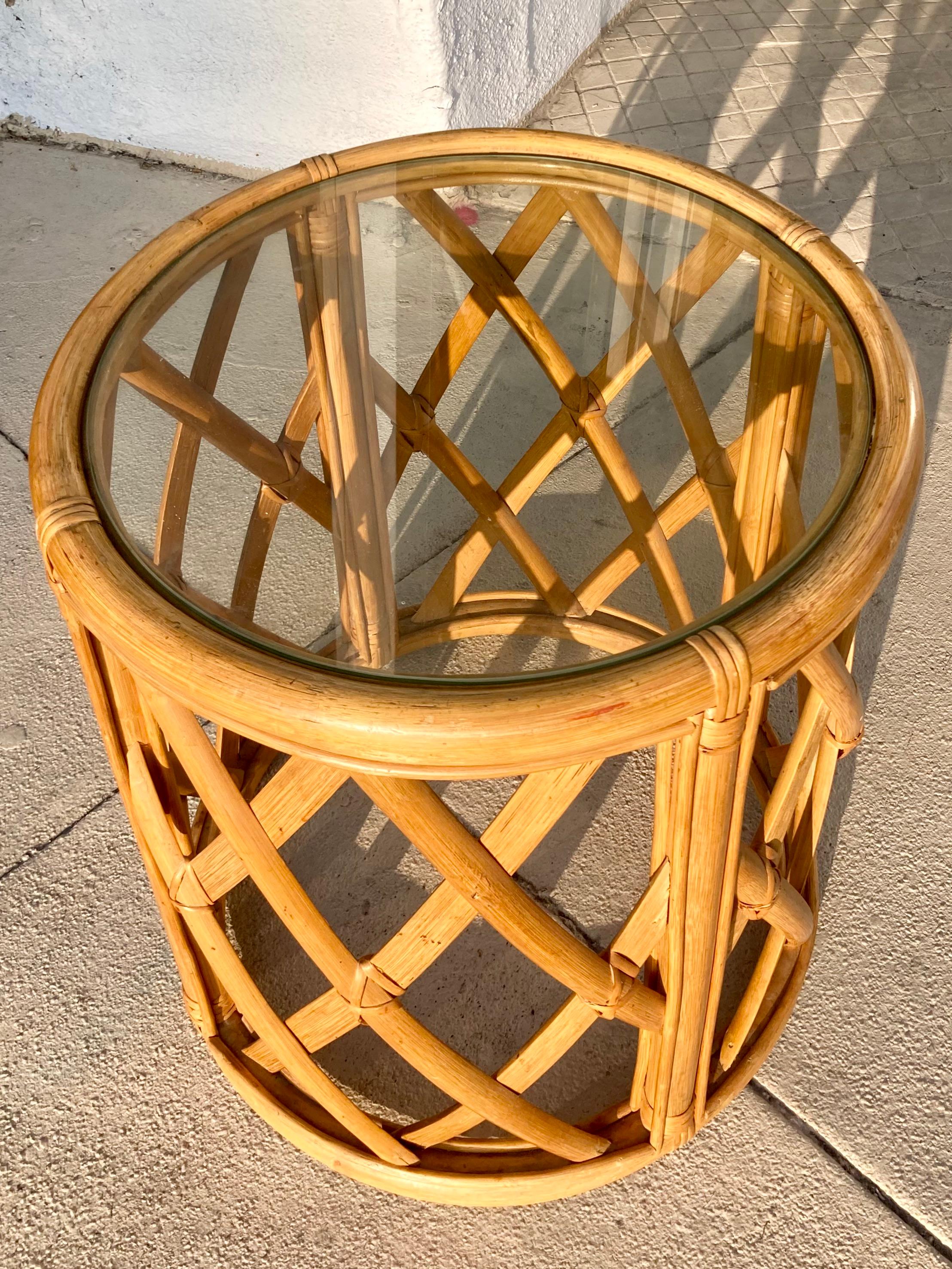 Late 20th Century Natural Ficks Reed Rattan Drum Table in Lattice Pattern For Sale