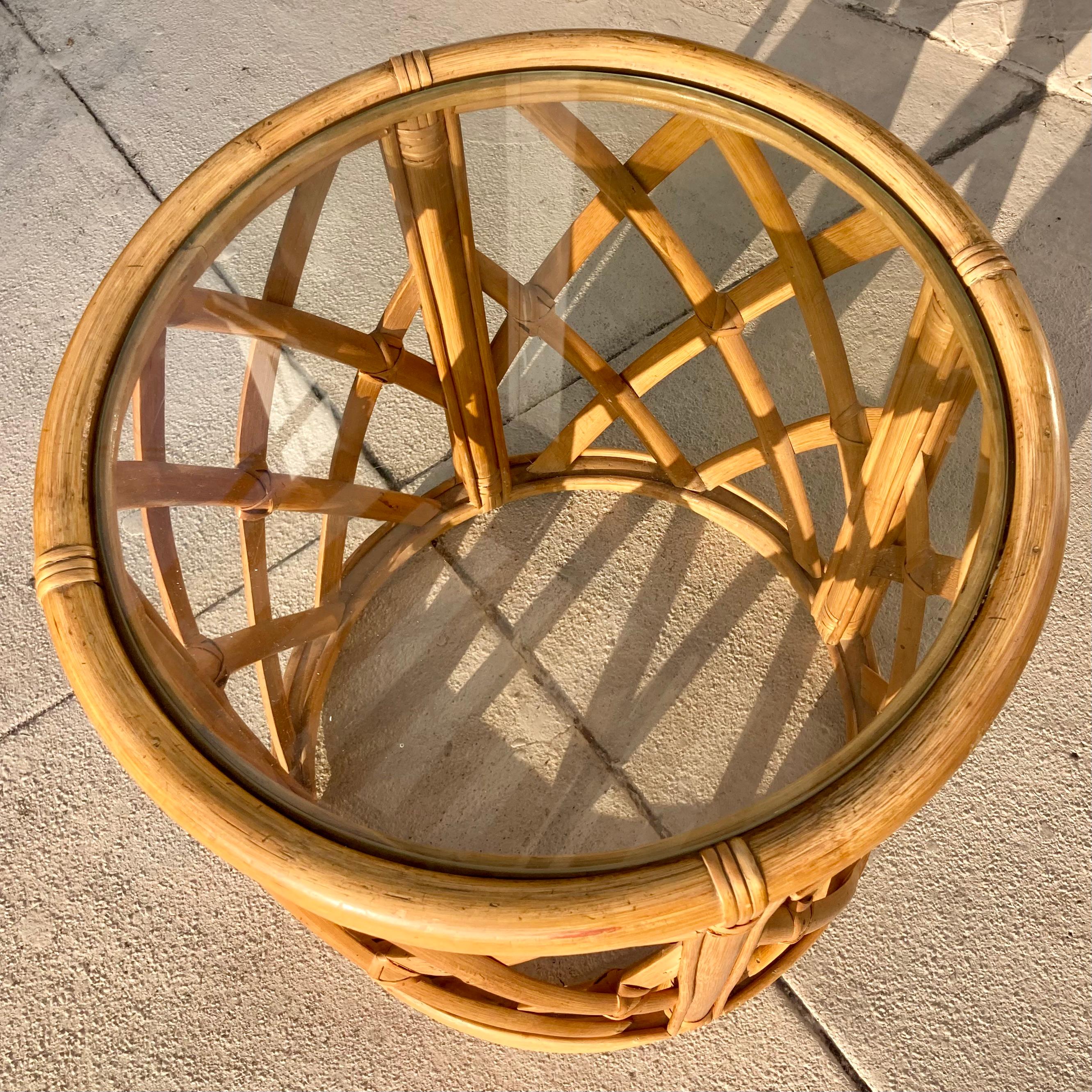 Natural Ficks Reed Rattan Drum Table in Lattice Pattern For Sale 1