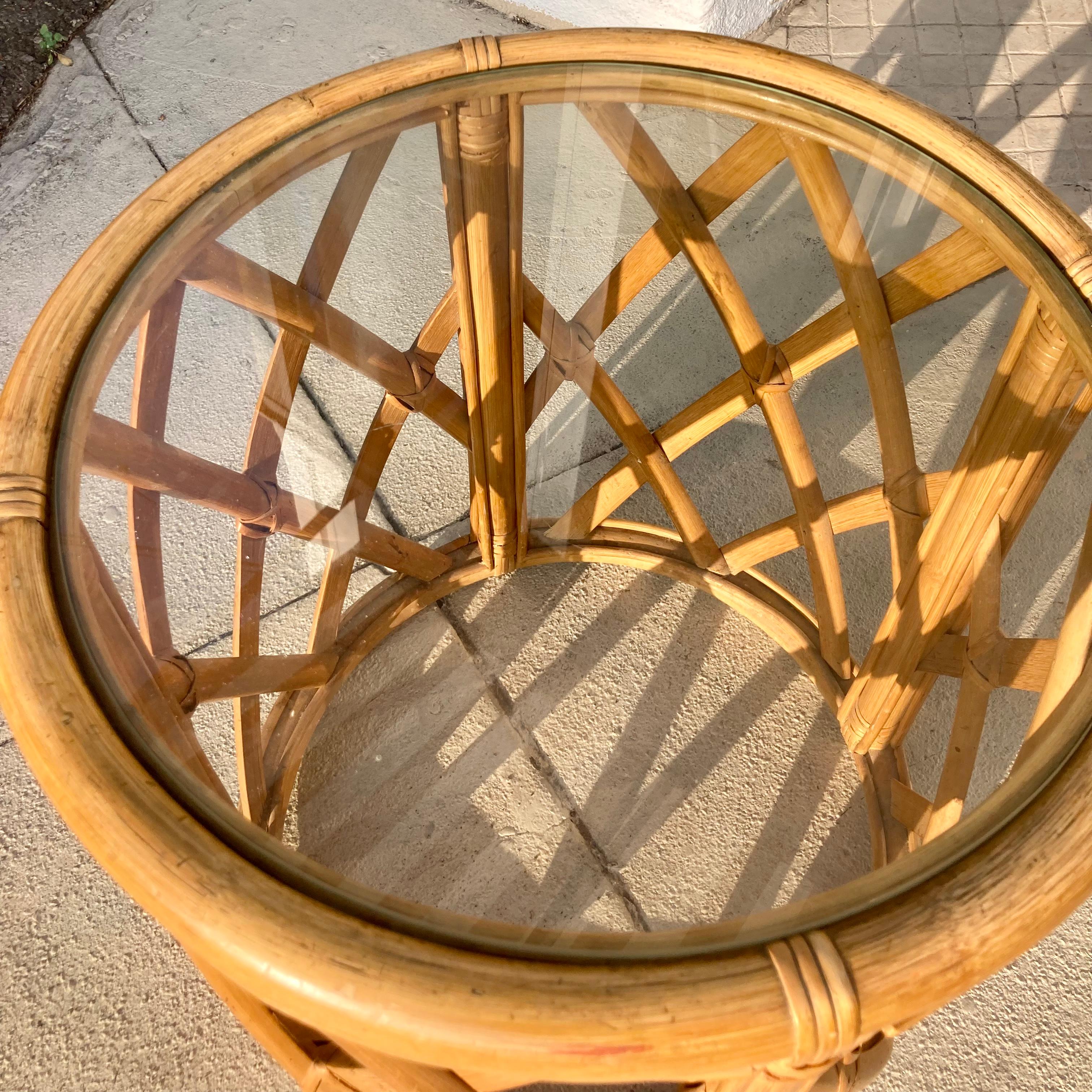 Natural Ficks Reed Rattan Drum Table in Lattice Pattern For Sale 2