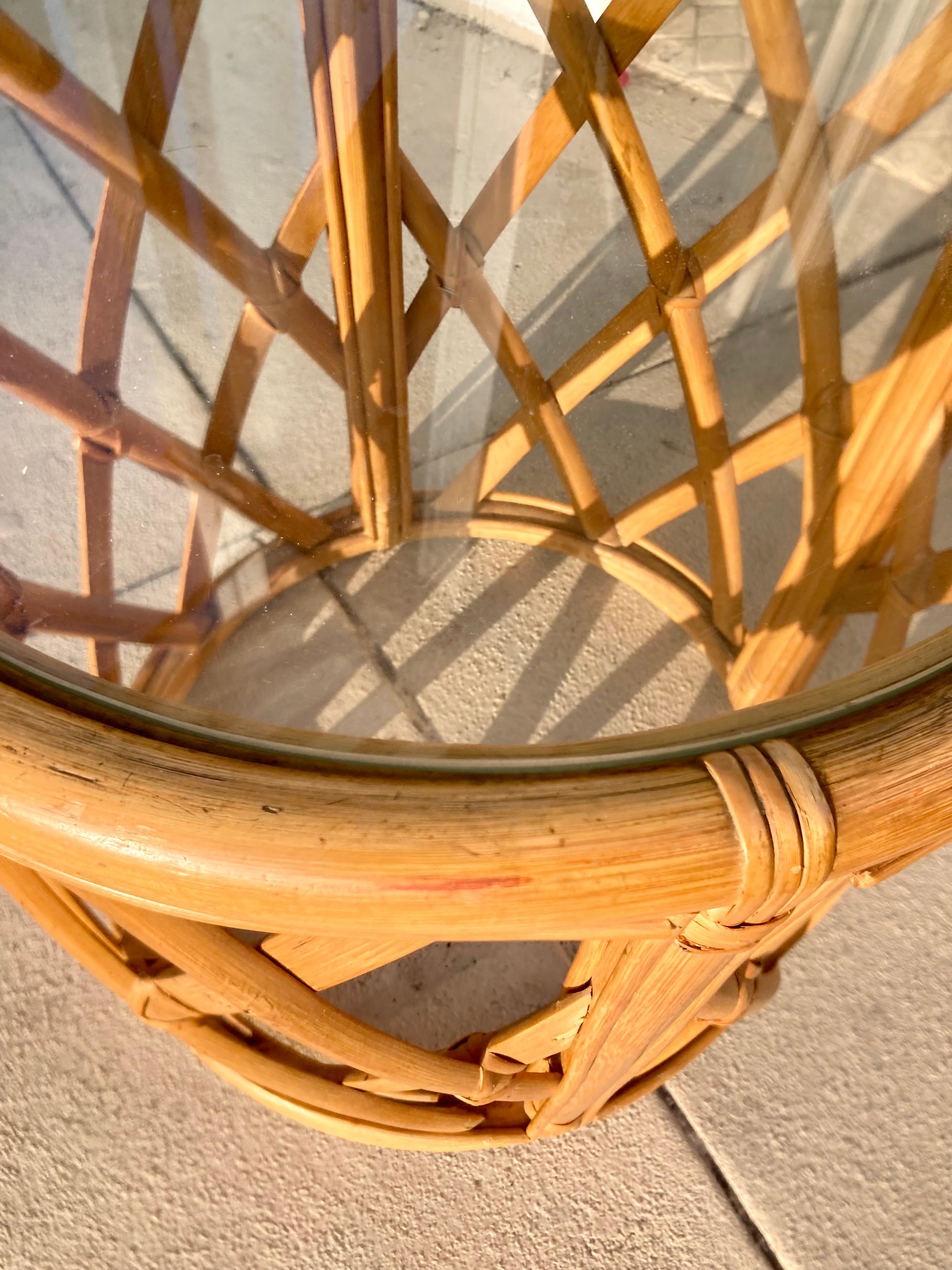 Natural Ficks Reed Rattan Drum Table in Lattice Pattern For Sale 3