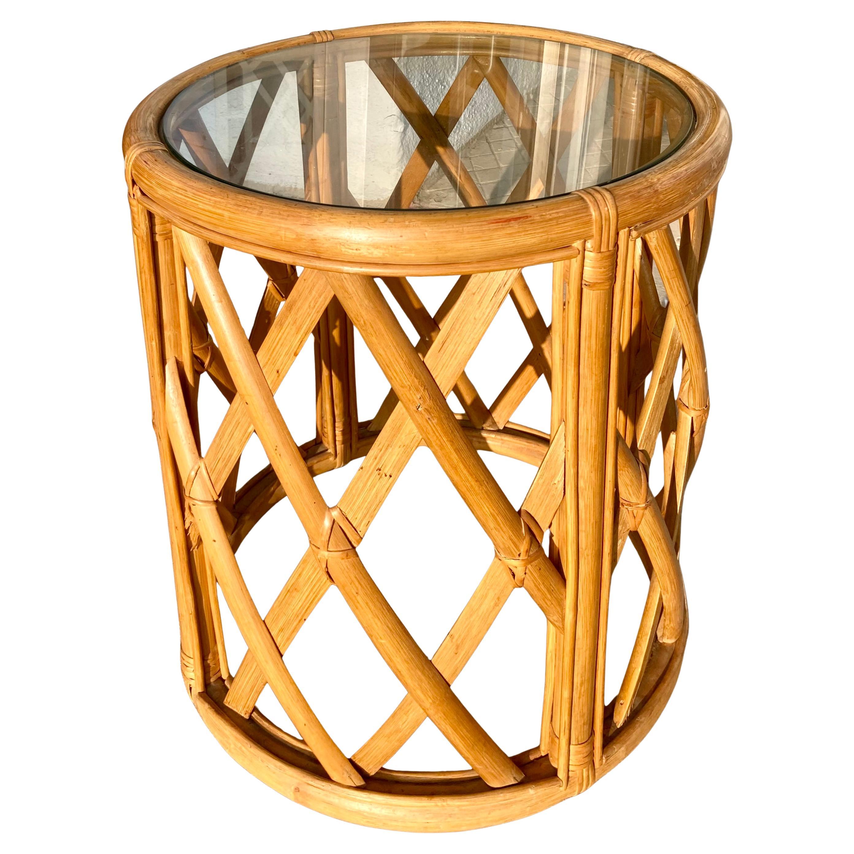 Natural Ficks Reed Rattan Drum Table in Lattice Pattern