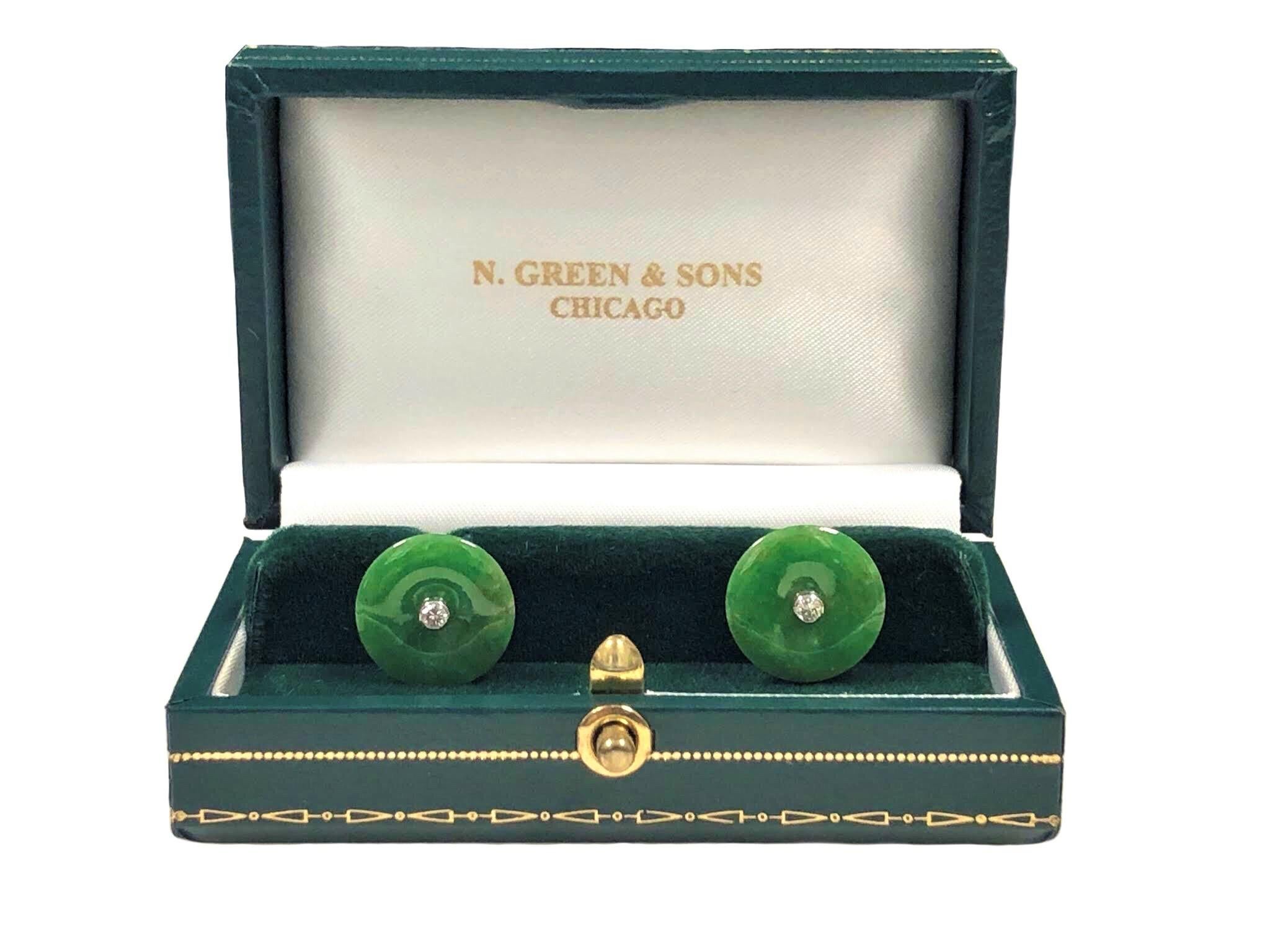 Round Cut Natural Fine Green Jade White Gold and Diamond Cufflinks