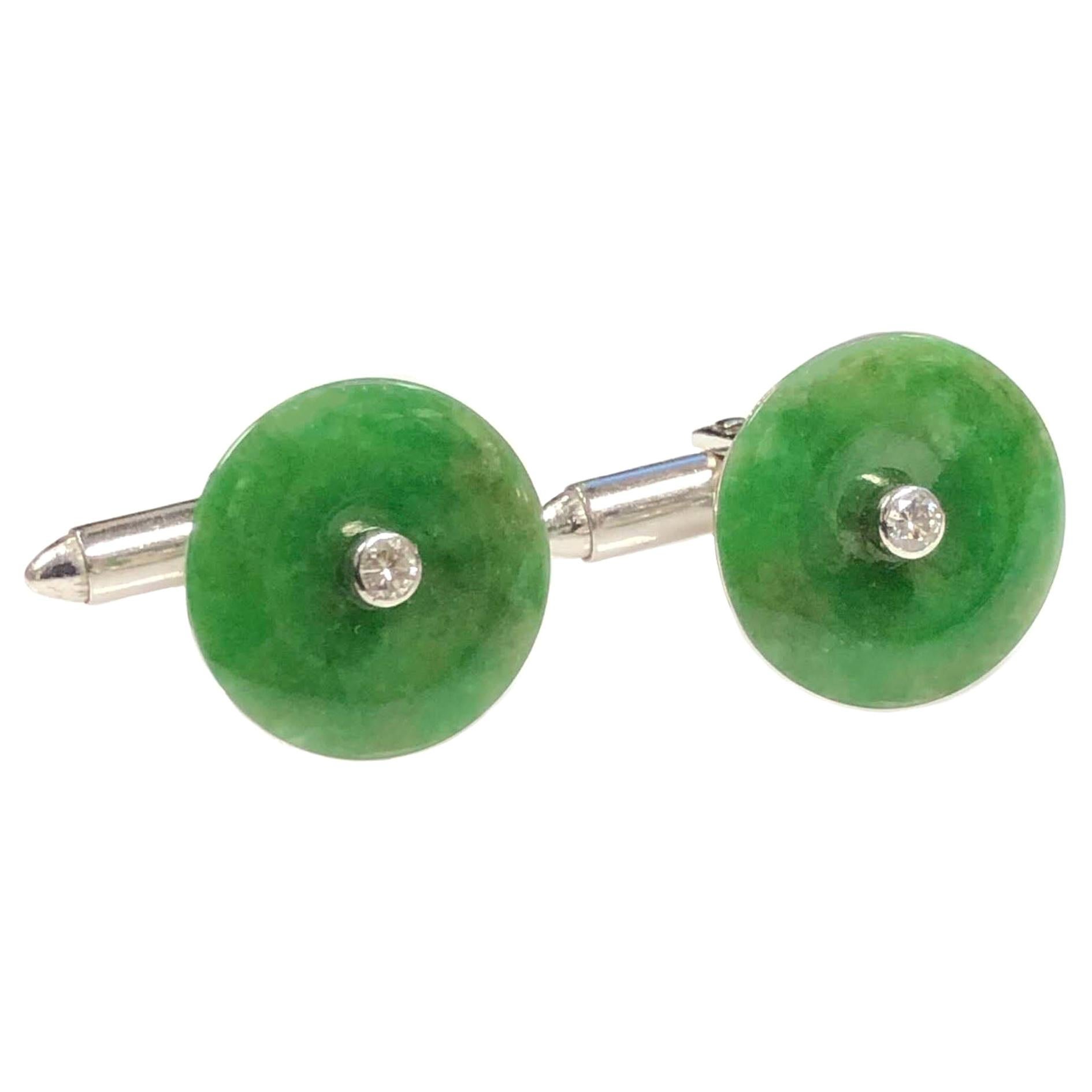 Natural Fine Green Jade White Gold and Diamond Cufflinks