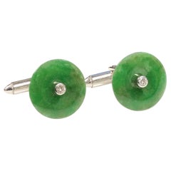 Natural Fine Green Jade White Gold and Diamond Cufflinks