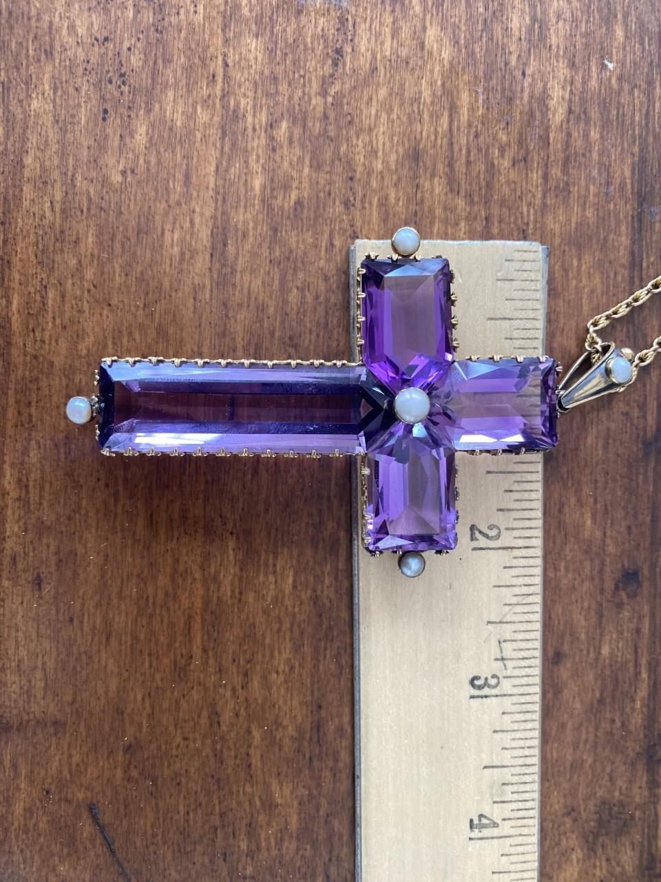 Baguette Cut Natural Fine Purple Amethyst and Seed Pearl Cross Pendant Necklace For Sale
