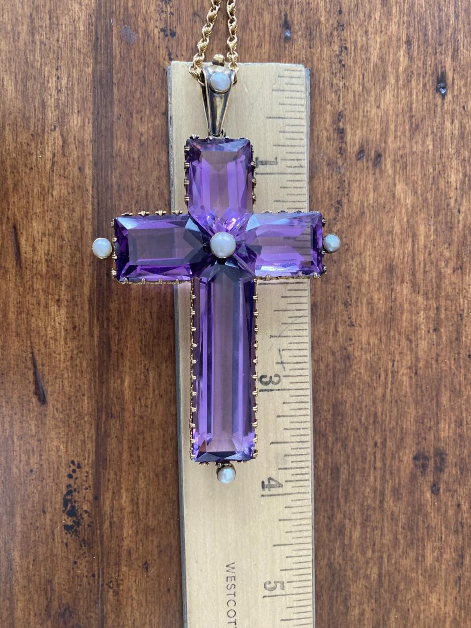 Natural Fine Purple Amethyst and Seed Pearl Cross Pendant Necklace In Good Condition For Sale In Denver, CO