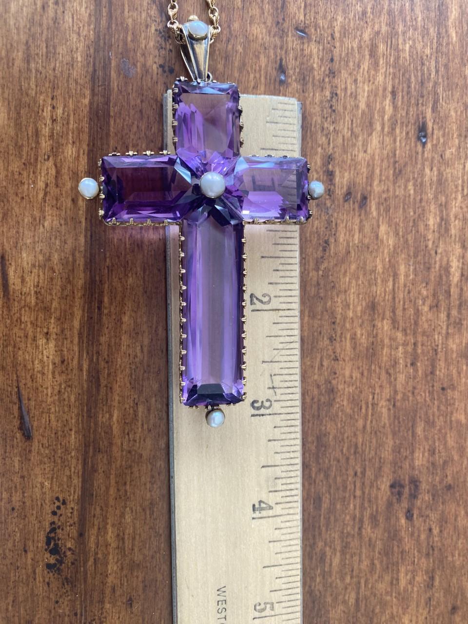 Women's or Men's Natural Fine Purple Amethyst and Seed Pearl Cross Pendant Necklace