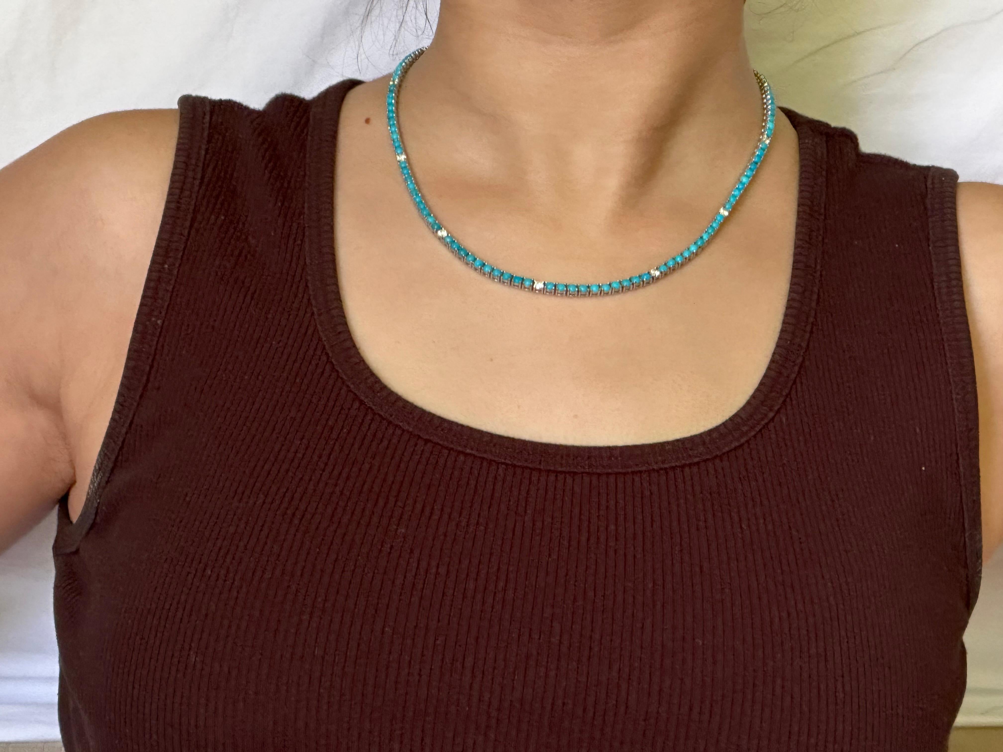 Natural Fine Turquoise Diamond and White Gold Tennis Necklace  In New Condition In Denver, CO
