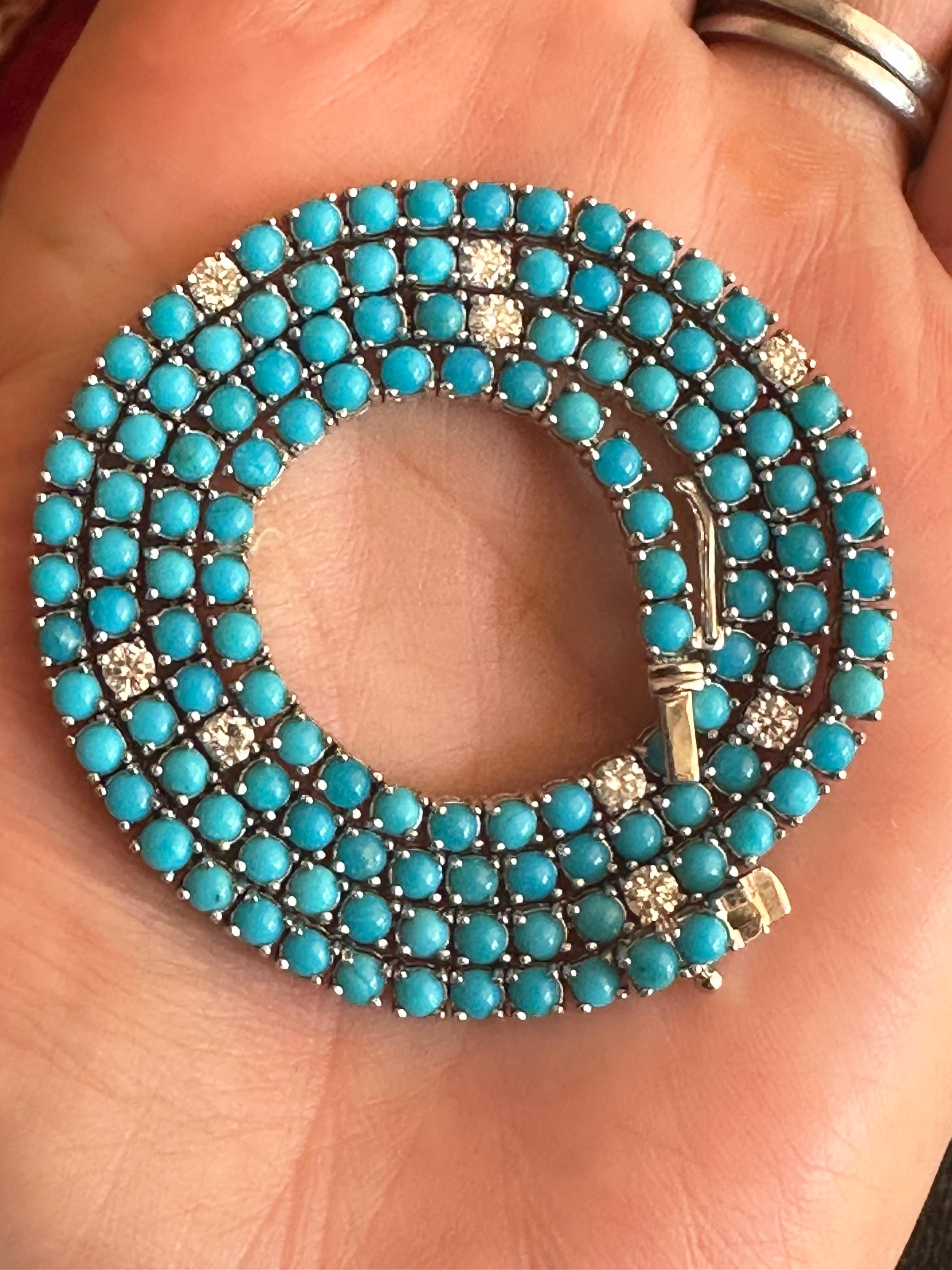Women's or Men's Natural Fine Turquoise Diamond and White Gold Tennis Necklace 