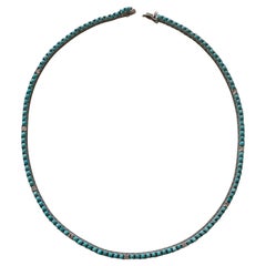 Natural Fine Turquoise Diamond and White Gold Tennis Necklace