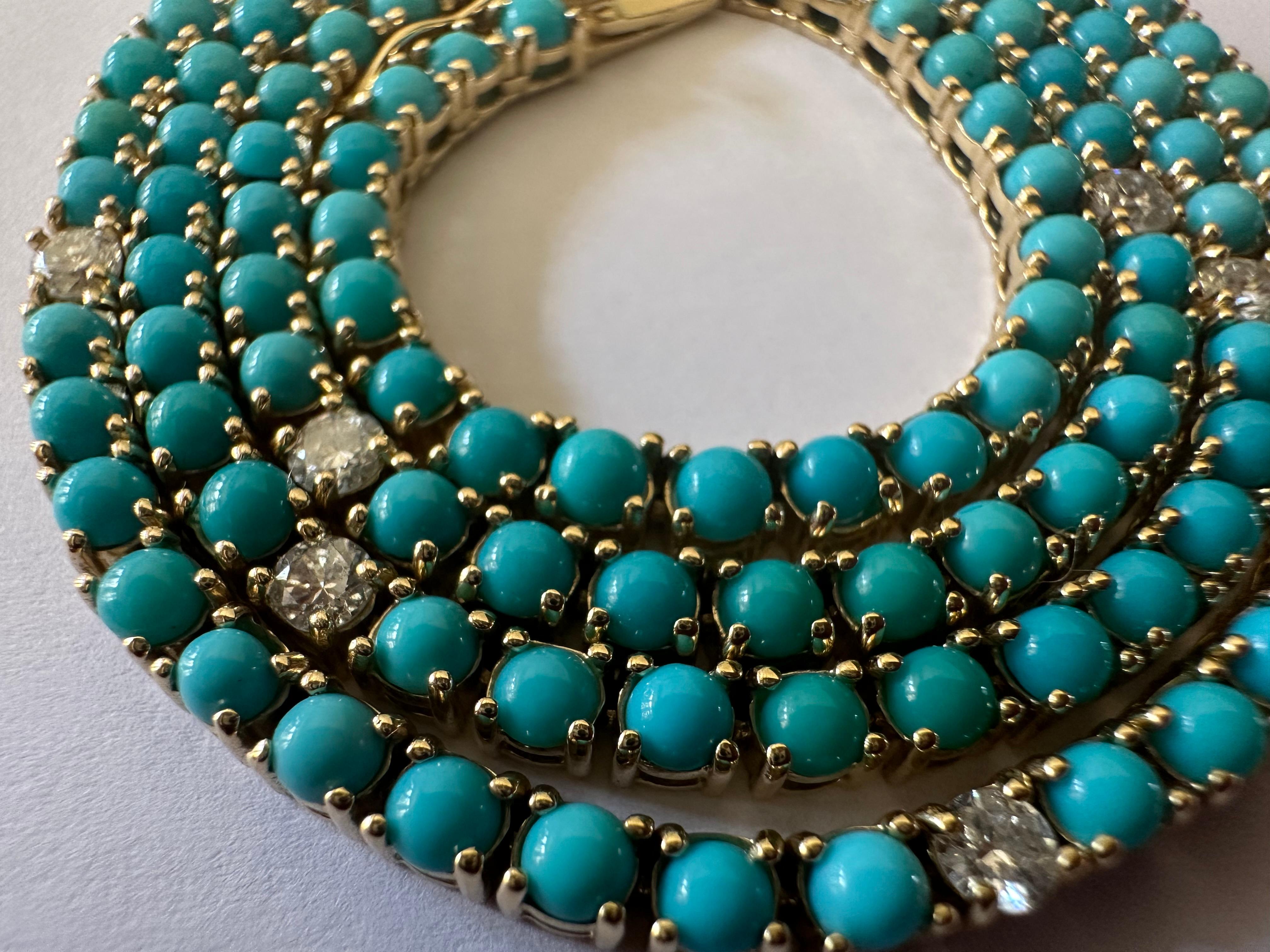 Cabochon Natural Fine Turquoise Diamond and Yellow Gold Tennis Necklace 