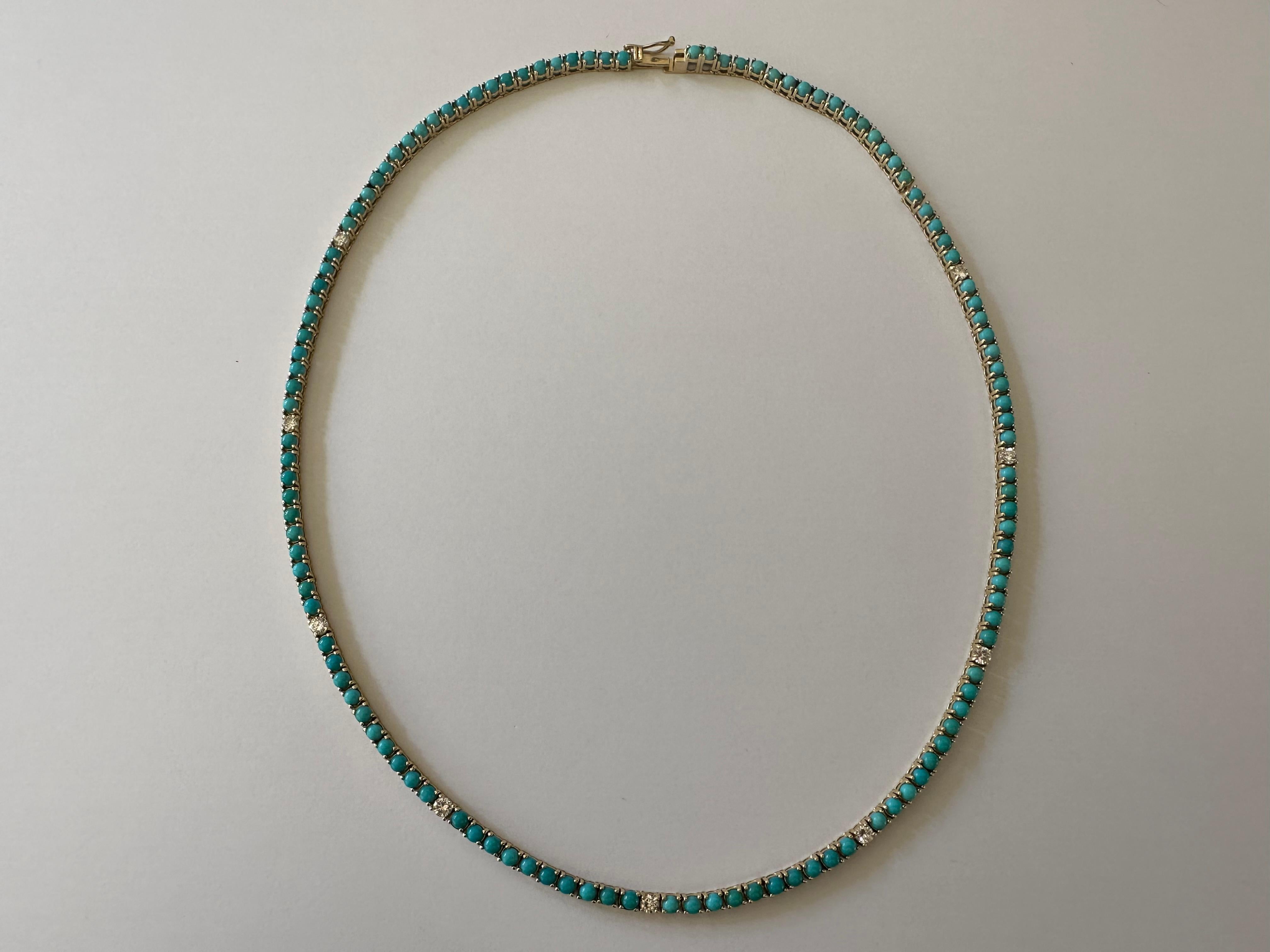 Natural Fine Turquoise Diamond and Yellow Gold Tennis Necklace  1