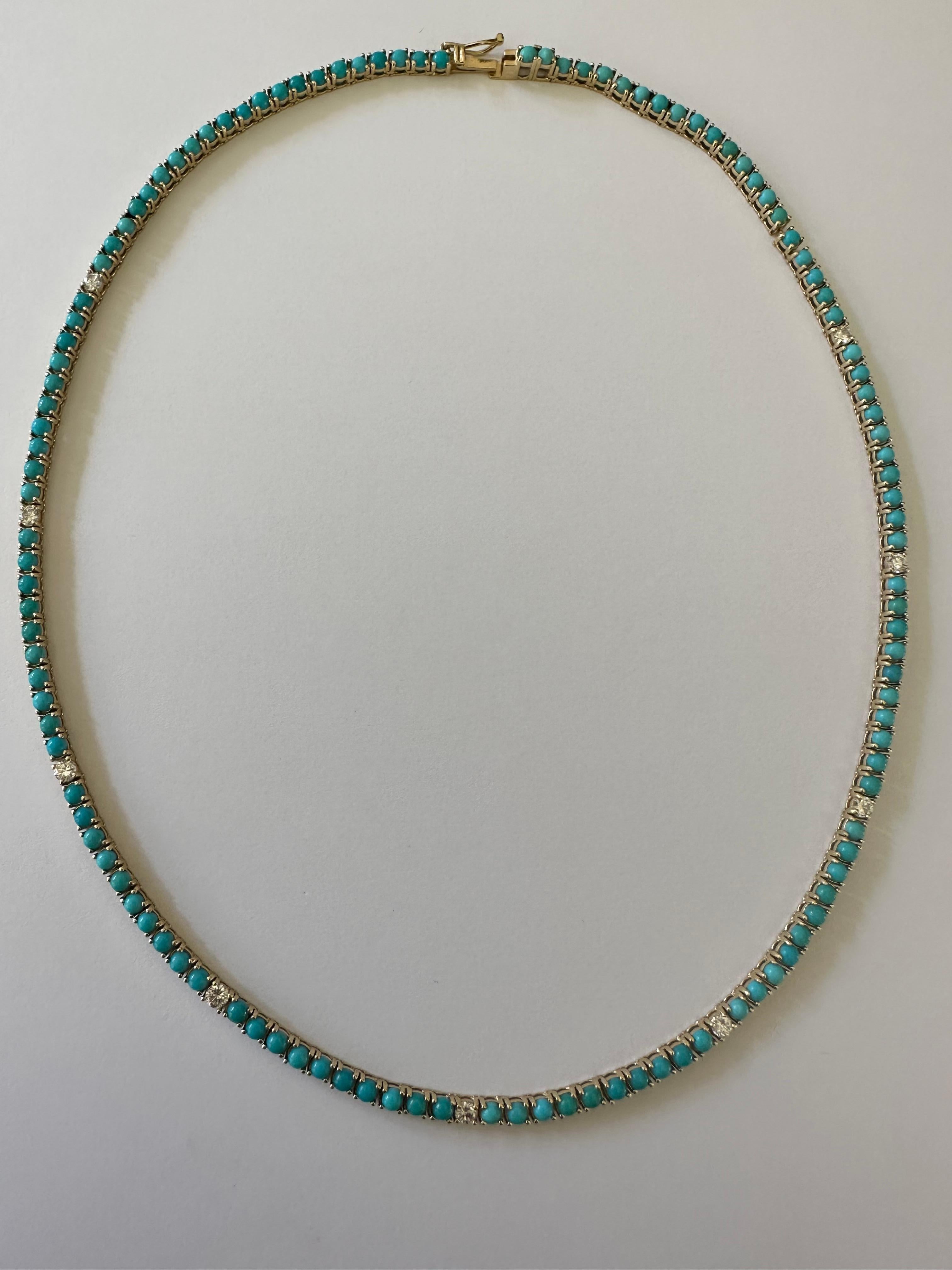 Natural Fine Turquoise Diamond and Yellow Gold Tennis Necklace  2