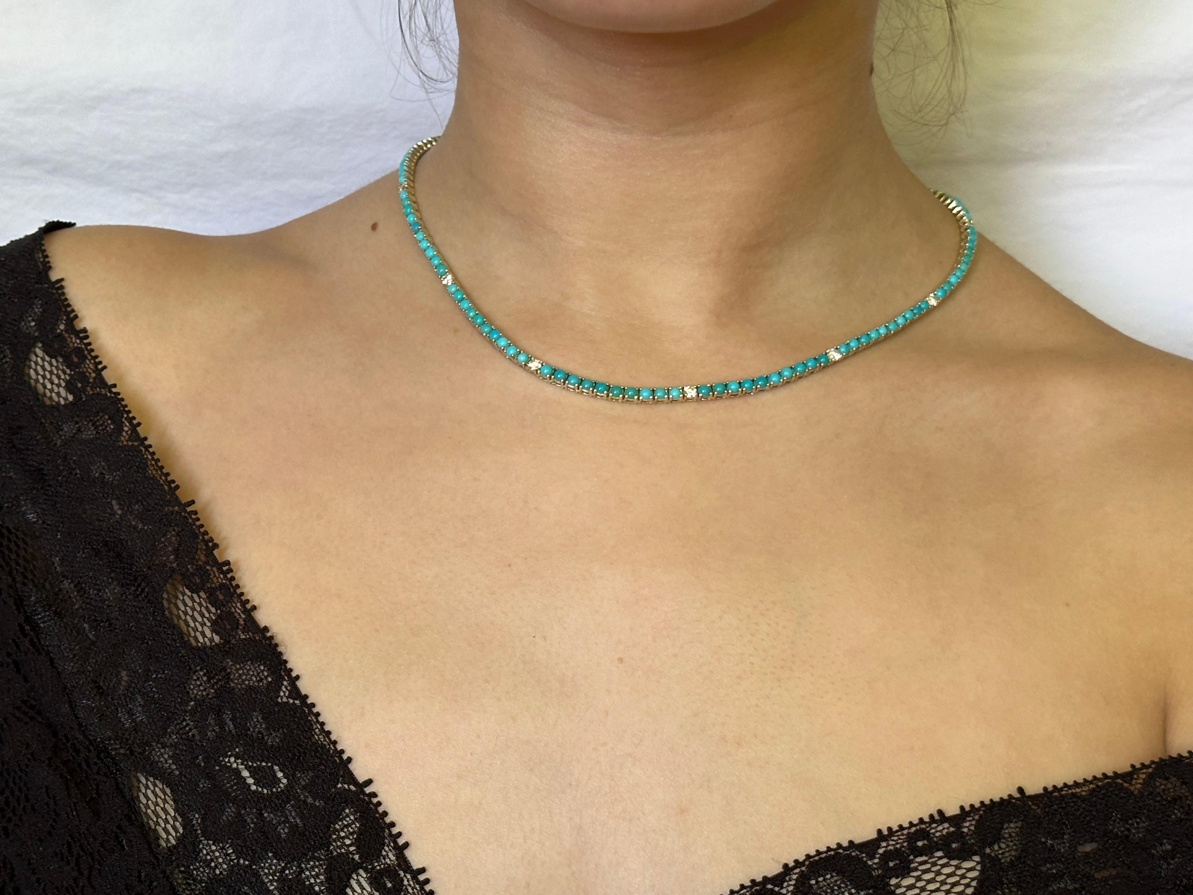Natural Fine Turquoise Diamond and Yellow Gold Tennis Necklace  3