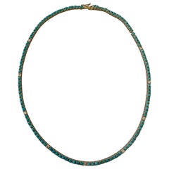 Natural Fine Turquoise Diamond and Yellow Gold Tennis Necklace
