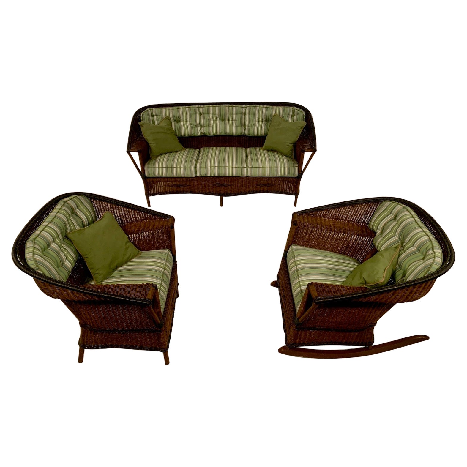 Natural Finish Antique Wicker Three Piece Close Woven Shelf Arm Suite