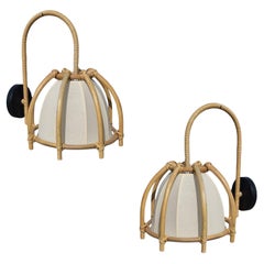 Natural Finish Modern Rattan Skeleton Shade Wall Sconce, Pair (3 sets Available)