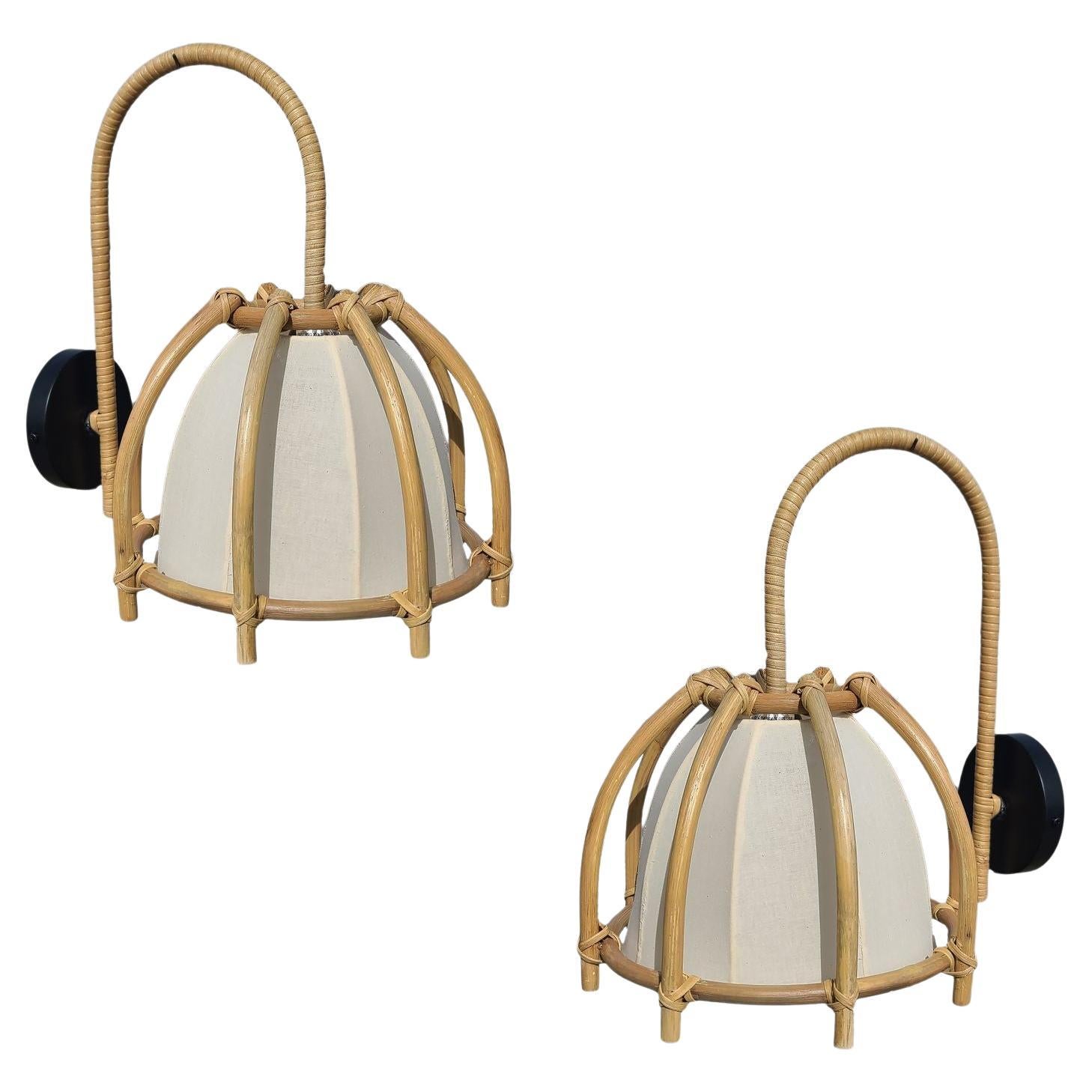 Natural Finish Modern Rattan Skeleton Shade Wall Sconce, Pair For Sale