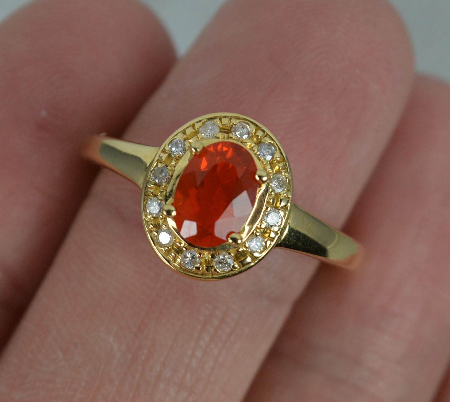 Oval Cut Natural Fire Opal and Diamond 18ct Gold Cluster Ring