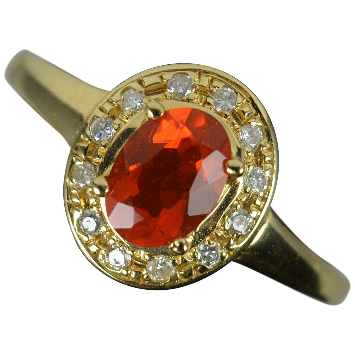 Natural Fire Opal and Diamond 18ct Gold Cluster Ring
