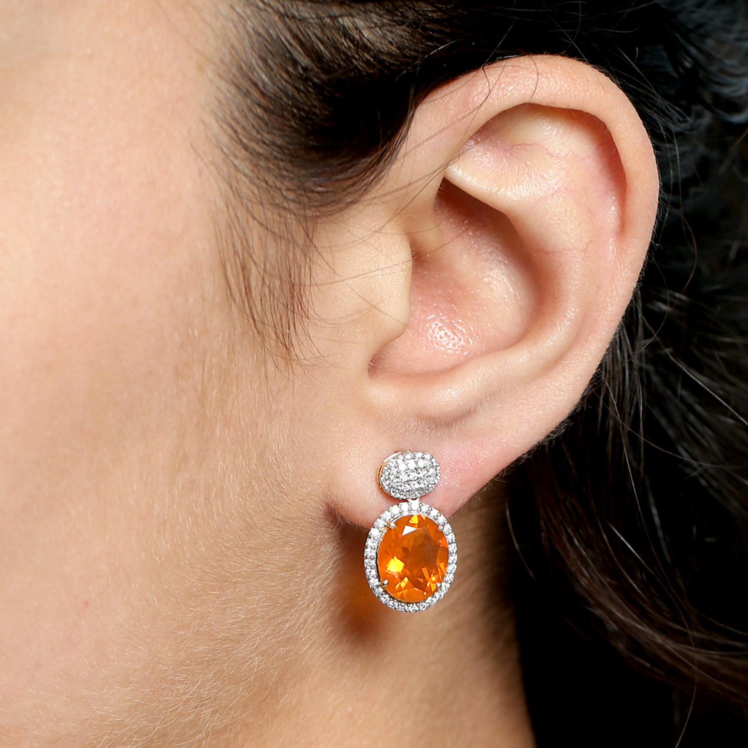 Contemporary Natural Fire Opal And Diamond Drop Earrings 18K Yellow Gold