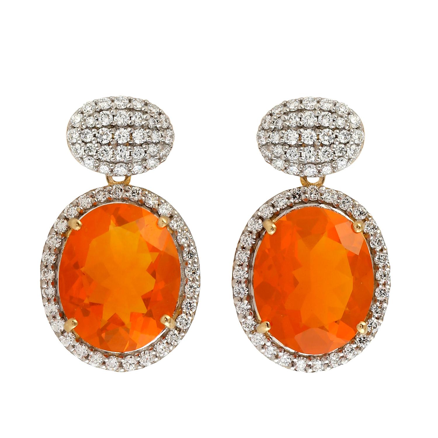 Natural Fire Opal And Diamond Drop Earrings 18K Yellow Gold In Excellent Condition In Laguna Niguel, CA
