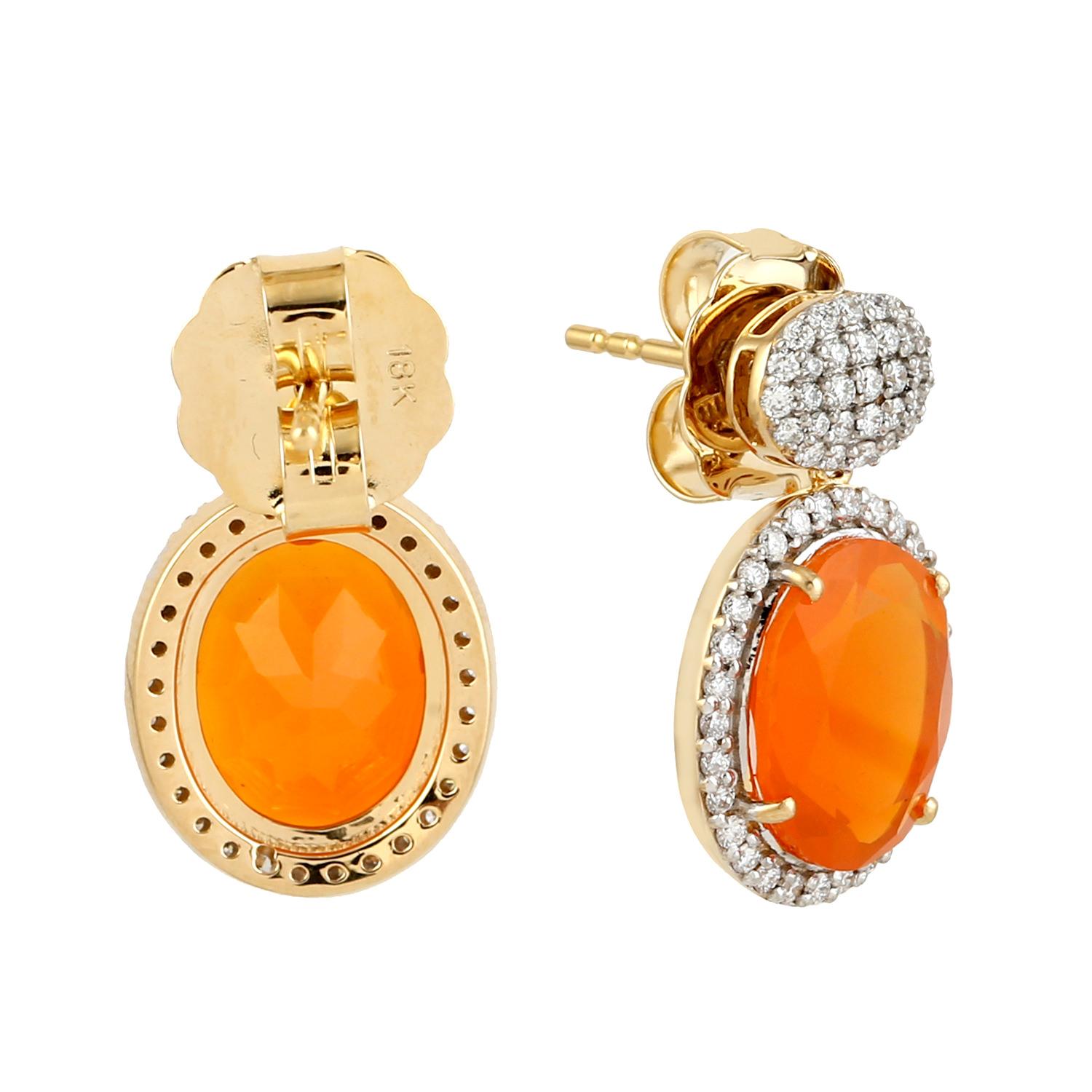 Women's Natural Fire Opal And Diamond Drop Earrings 18K Yellow Gold For Sale