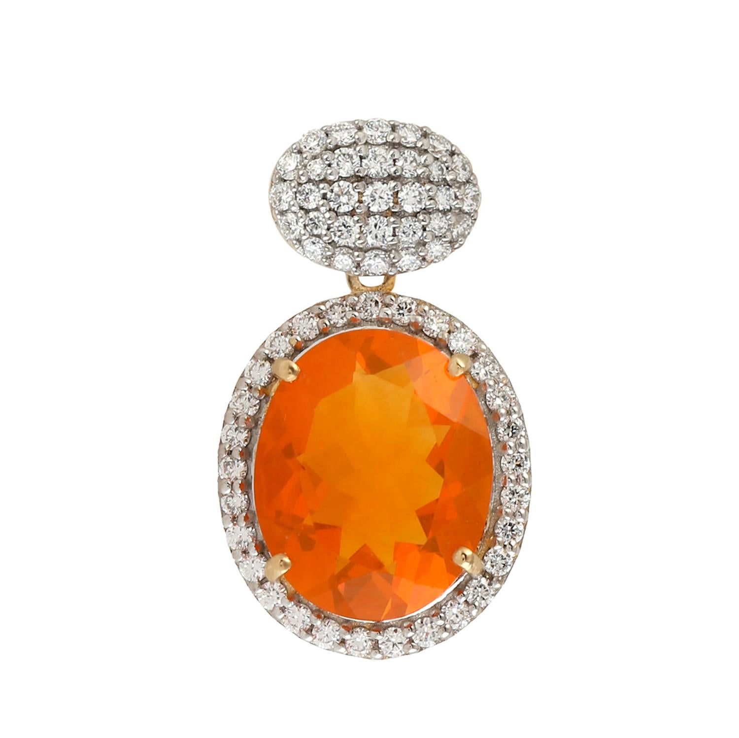 Natural Fire Opal And Diamond Drop Earrings 18K Yellow Gold For Sale 1