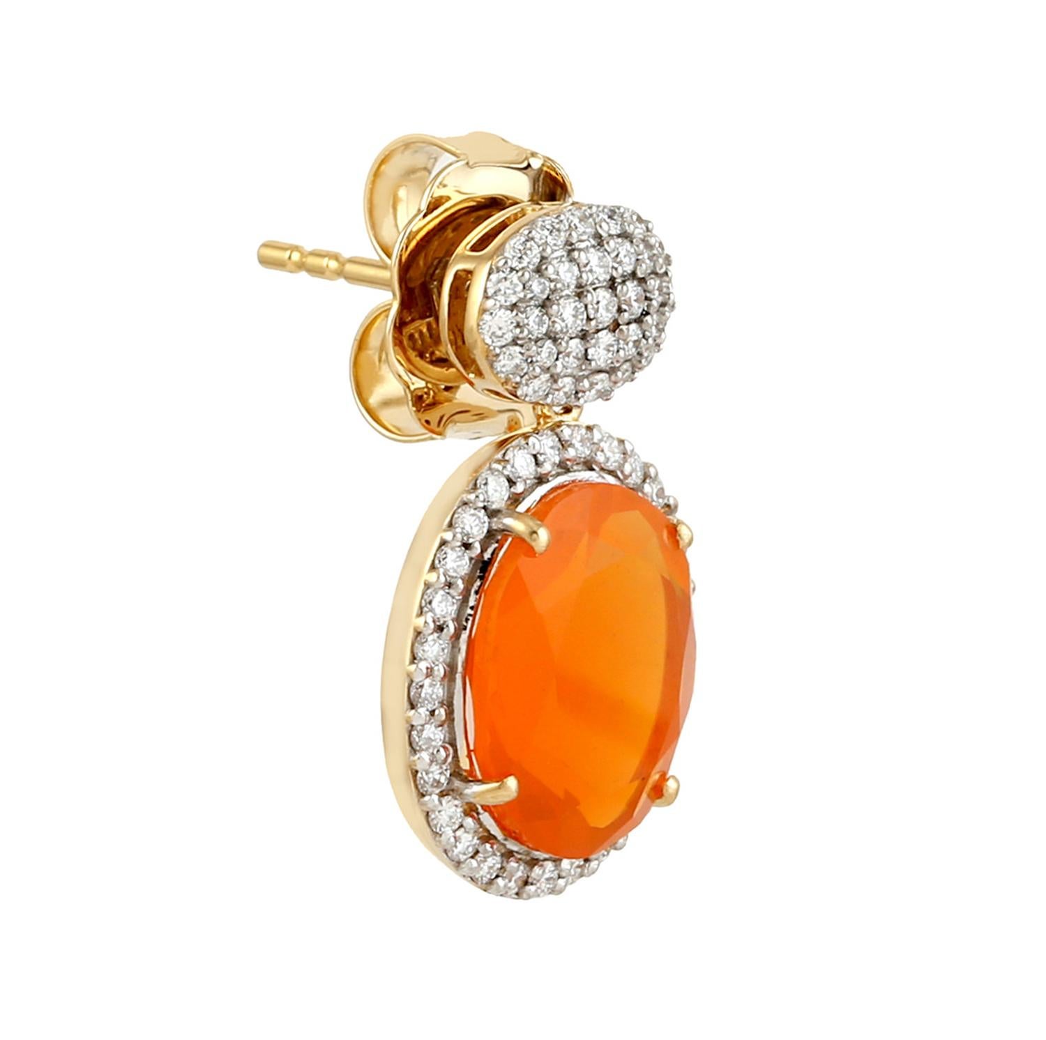 Natural Fire Opal And Diamond Drop Earrings 18K Yellow Gold For Sale 2